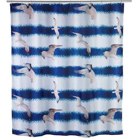 WENKO Duschvorhang Seagull Blau 180x200 cm Breite 180 cm, Badewannenvorhang Anti-Schimmel-Effekt