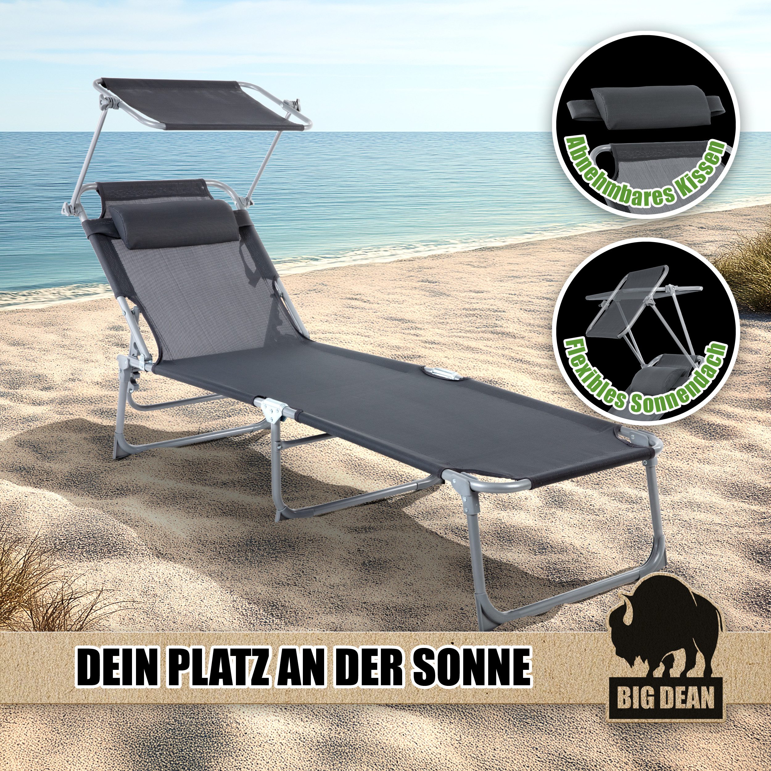 BigDean Gartenliege Sonnenliege klappbar mit Kopfkissen & Dach extra hoch dunkelgrau 150kg, Packung, 1 St., Liege, 3-Bein, Mit Kopfkissen, Extra Sonnendach, Garten, Balkon, Strand