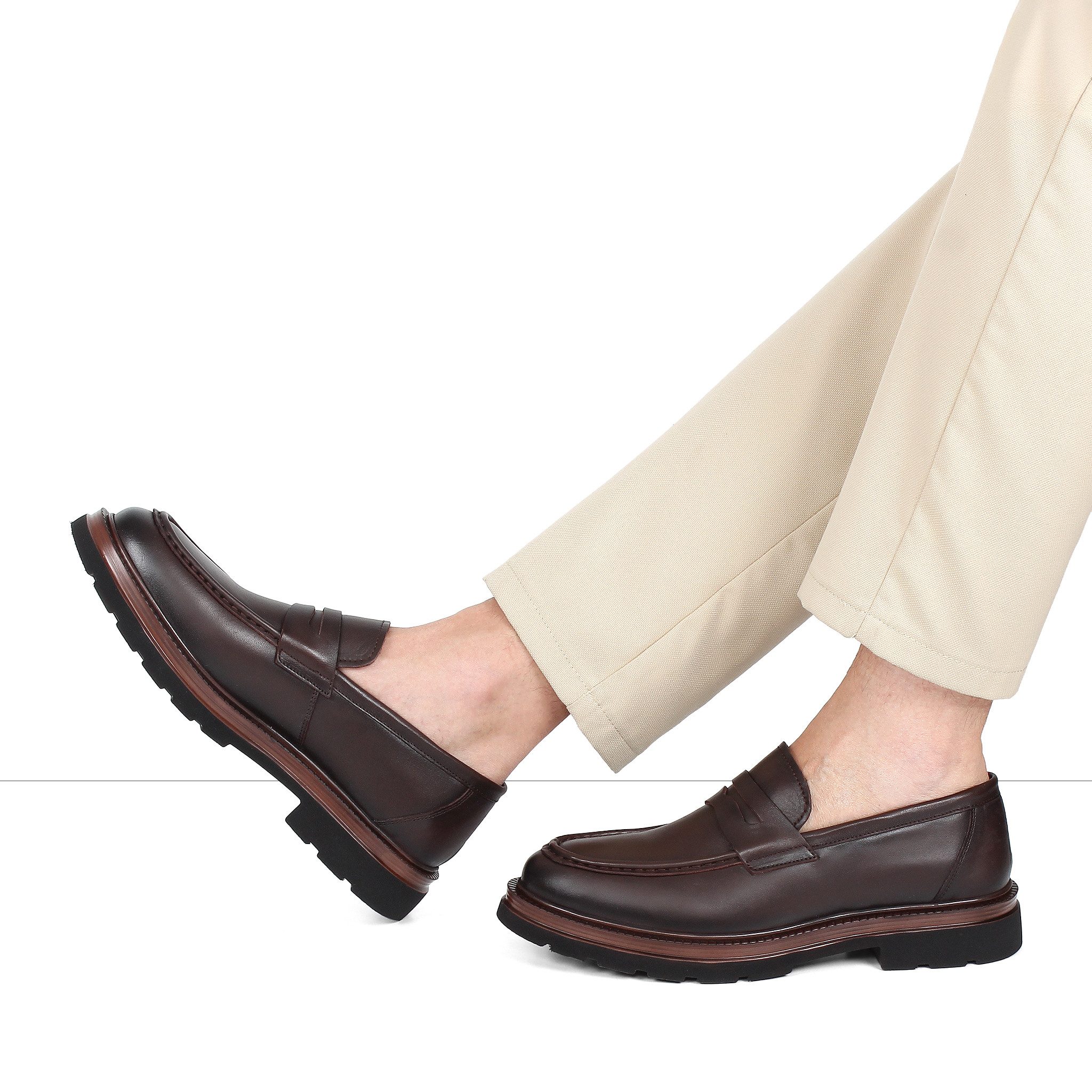 Celal Gültekin Plateau Profilsohle College Blockabsatz Herren Loafer Penny-Schlitz, Steppnaht, Profilsohle, Braun, 44