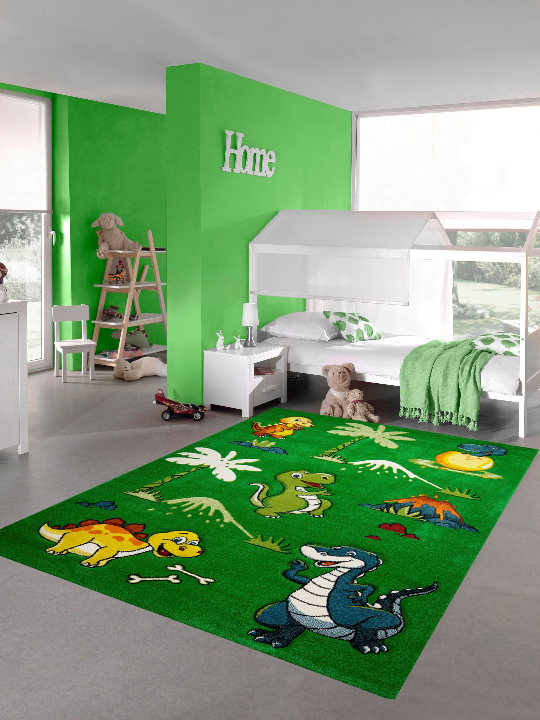 Kinderteppich Kinderteppich Dinosaurier Kinderzimmerteppich Dschungel  Vulkan in grün, Teppich-Traum, rechteckig, Höhe: 13 mm