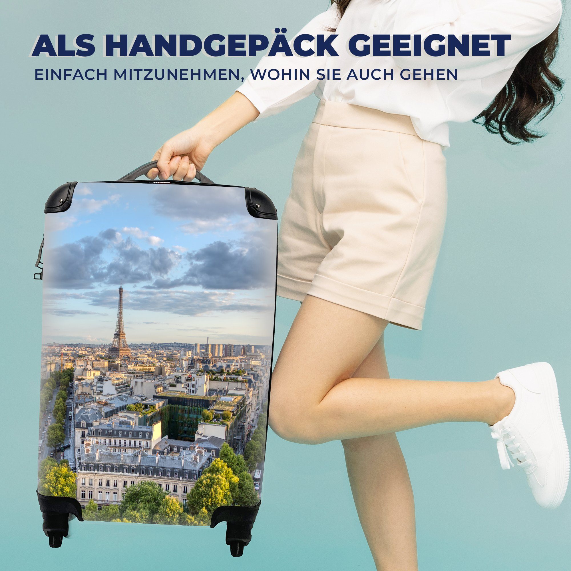 Reisetasche mit Reisekoffer 4 - Handgepäck für Eiffelturm Rollen, Trolley, rollen, MuchoWow Ferien, Paris Handgepäckkoffer Skyline, -