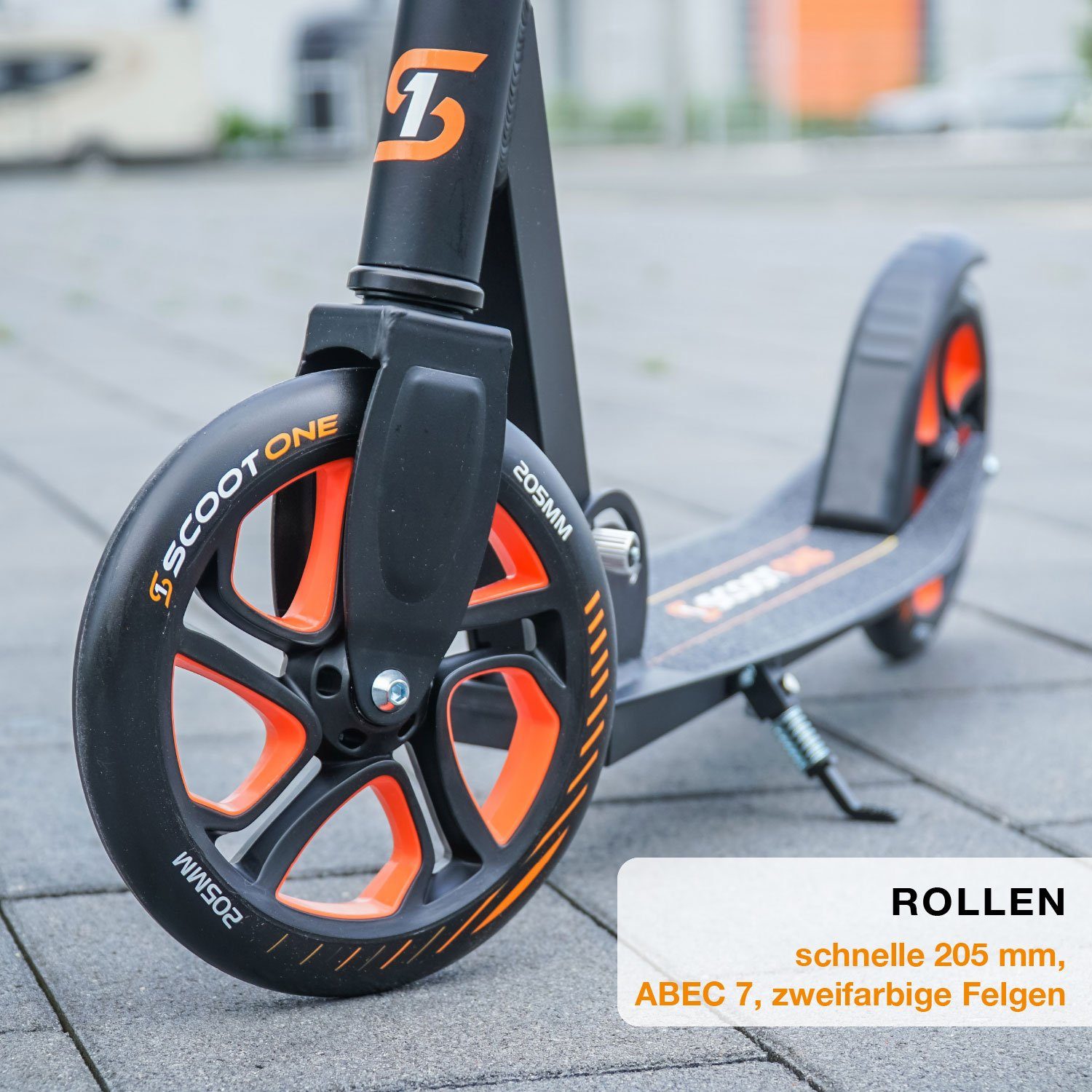 Scoot One Tretroller – Roller, Höhenverstellbarer Cityroller Kickroller 205mm klappbar S2, Aluminium orange