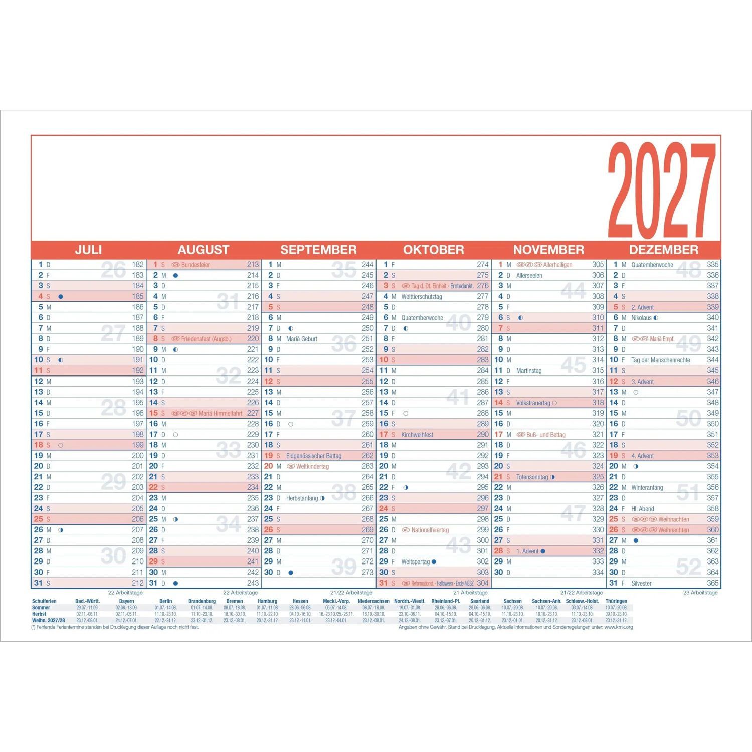 Wandkalender Arbeitstagekalender kaschiert A4 2027
