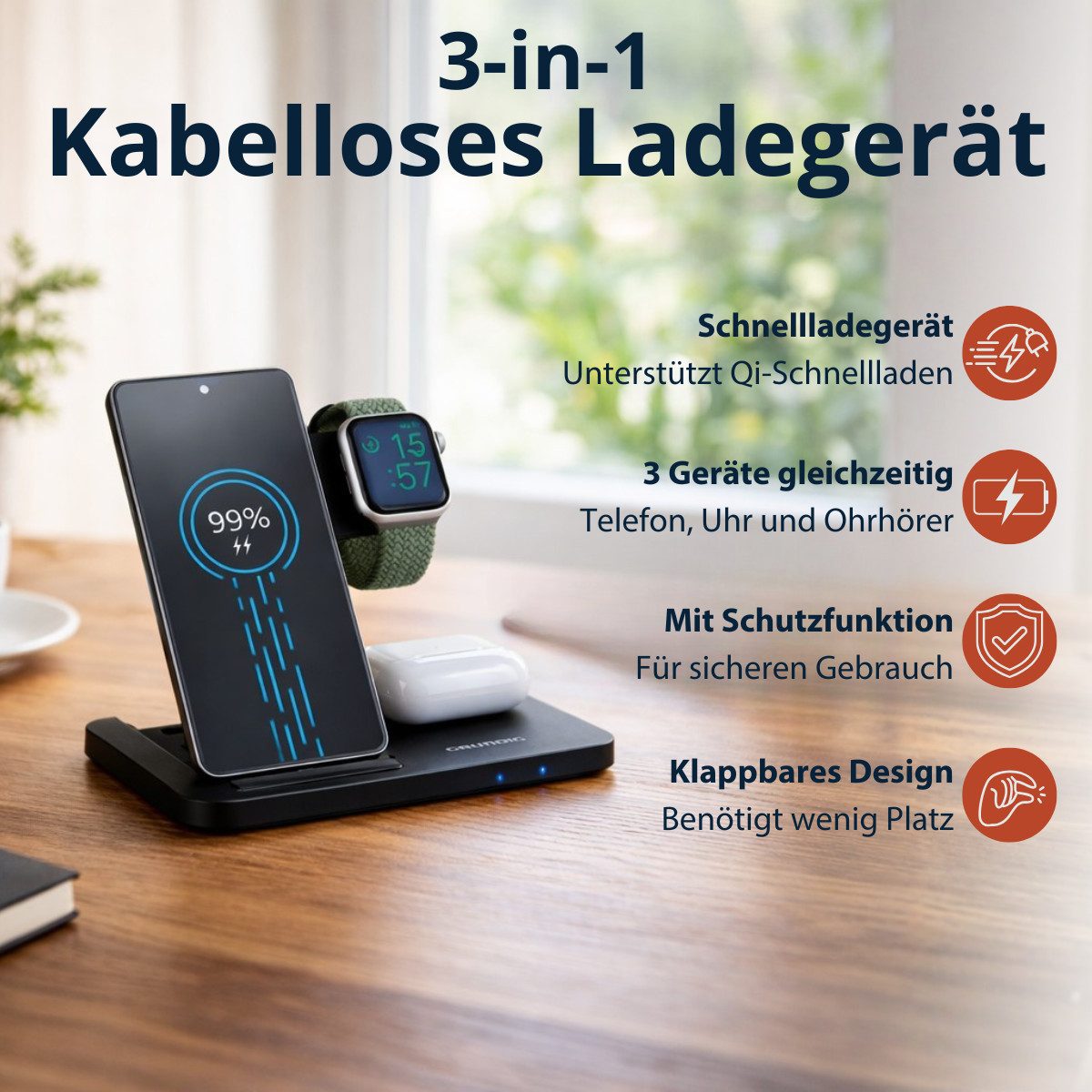 Grundig Grundig 3-in-1 Ladestation Apple Watch und iPhone USB-Ladegerät
