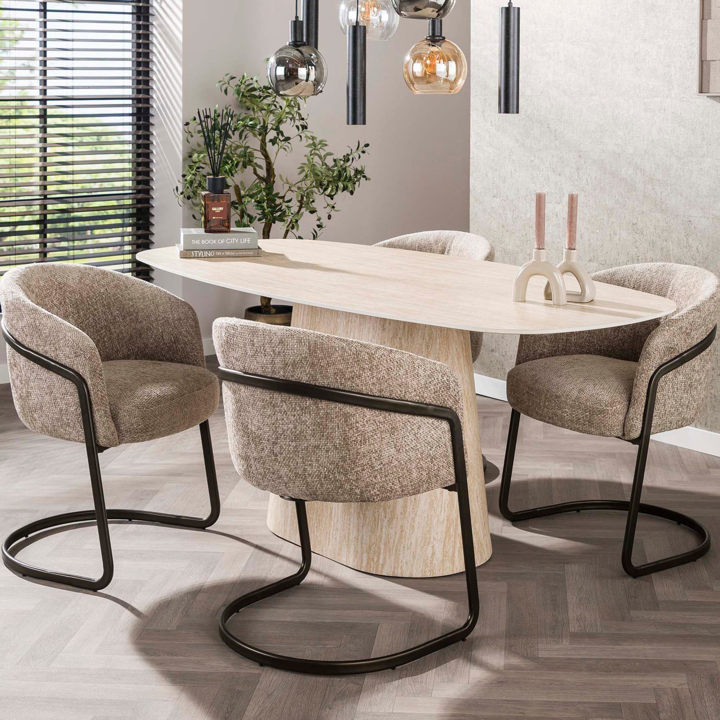 alesvelt Esstisch CENTRO TRAVERTINO Dänisch-Ovaler Keramiktisch im Monolith-Design (1-Tisch), 180x90x76 cm Keramik, Travertin-Design