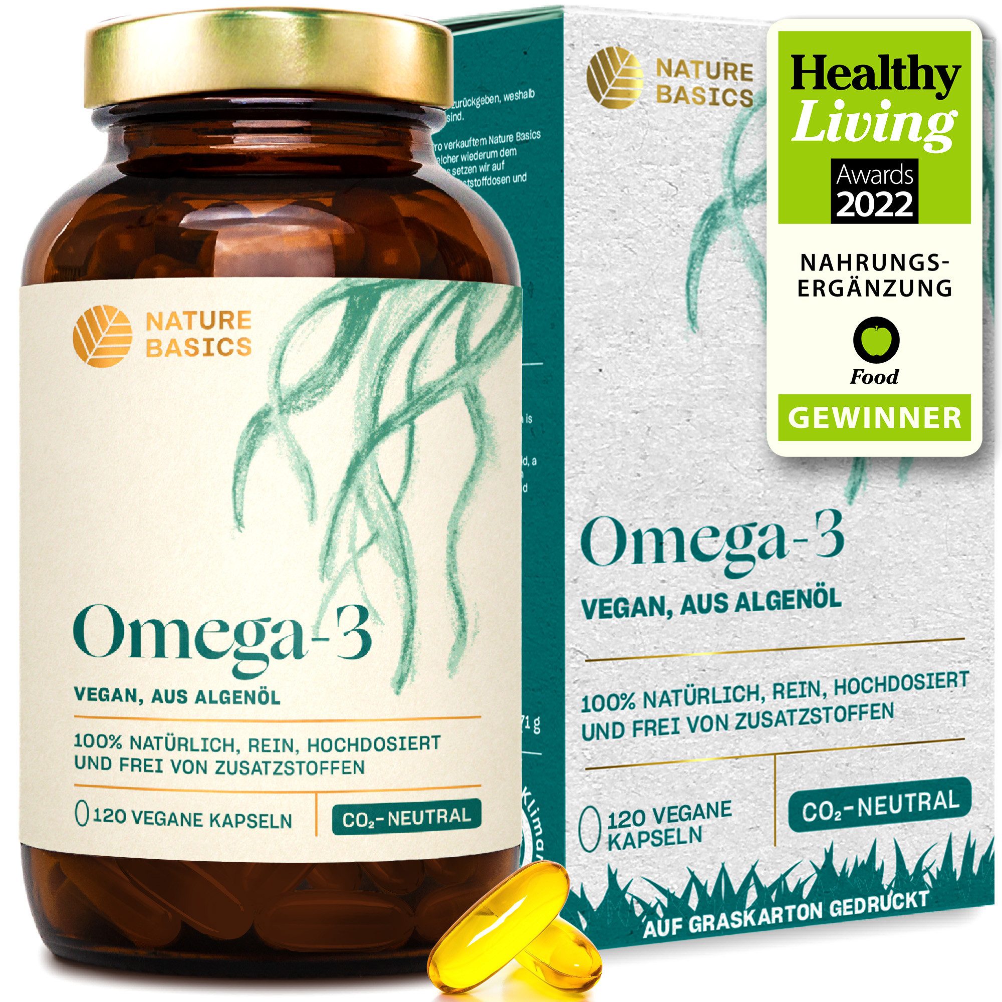 Nature Basics Hochwertiges Omega 3 Algenöl 830mg Vegan Kapseln, kein Fischöl, hochdosiert mit 830 mg Algenöl, 250 mg DHA, 125 mg EPA à 120 St., 142 g