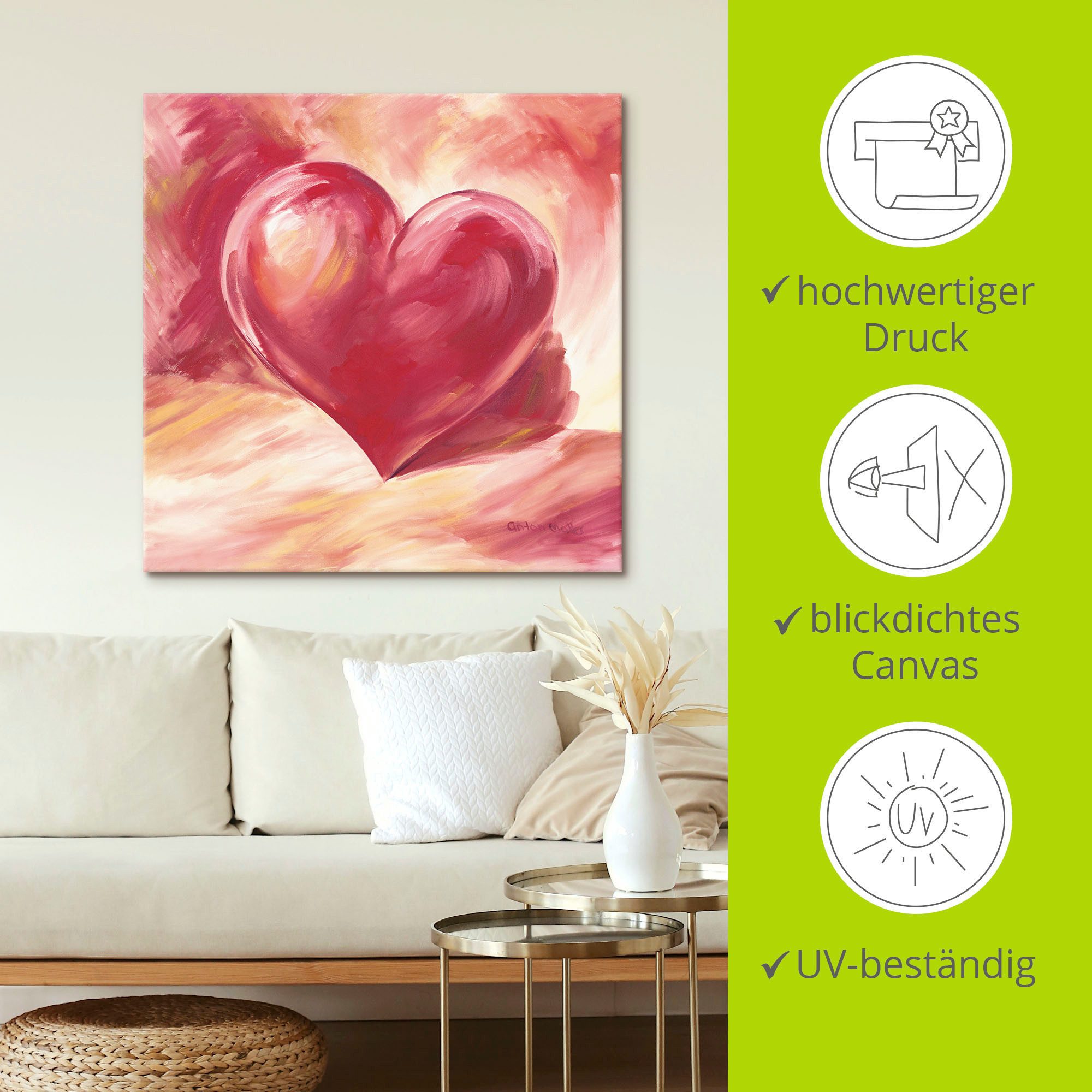 Artland Wandbild Rosa/rotes Herz, Herzen (1 St), als Leinwandbild, Poster in verschied. Größen – Bild 4 von 5