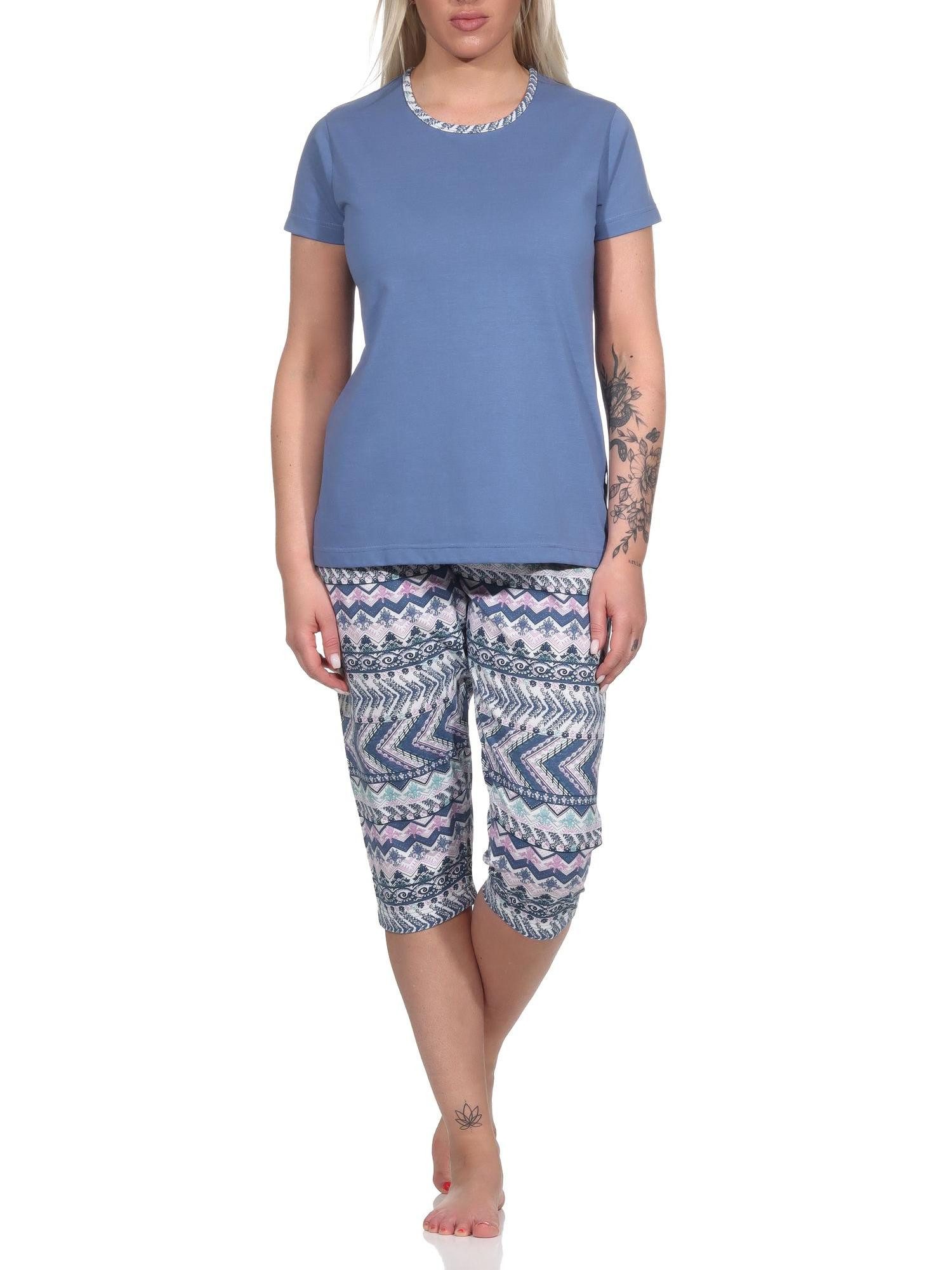 Pyjama Damen kurzarm Schlafanzug mit Caprihose im Ethnolook