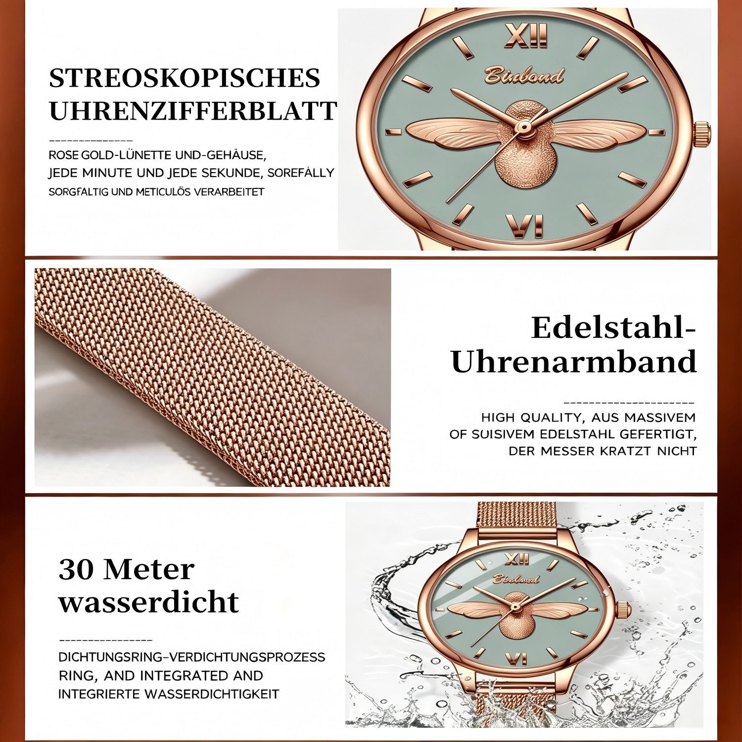 ibettertec Quarzuhr Damen Armbanduhr, Elegante Quarzuhr mit 3D Bienen-Motiv Bienen Motiv Uhr, Zarte Roségold Uhr mit grauem Zifferblatt, ideal für Alltag, Büro und als Geschenk, Mineralglas, Edelstahlarmband,30M Wasserdicht & Mesh-Armband