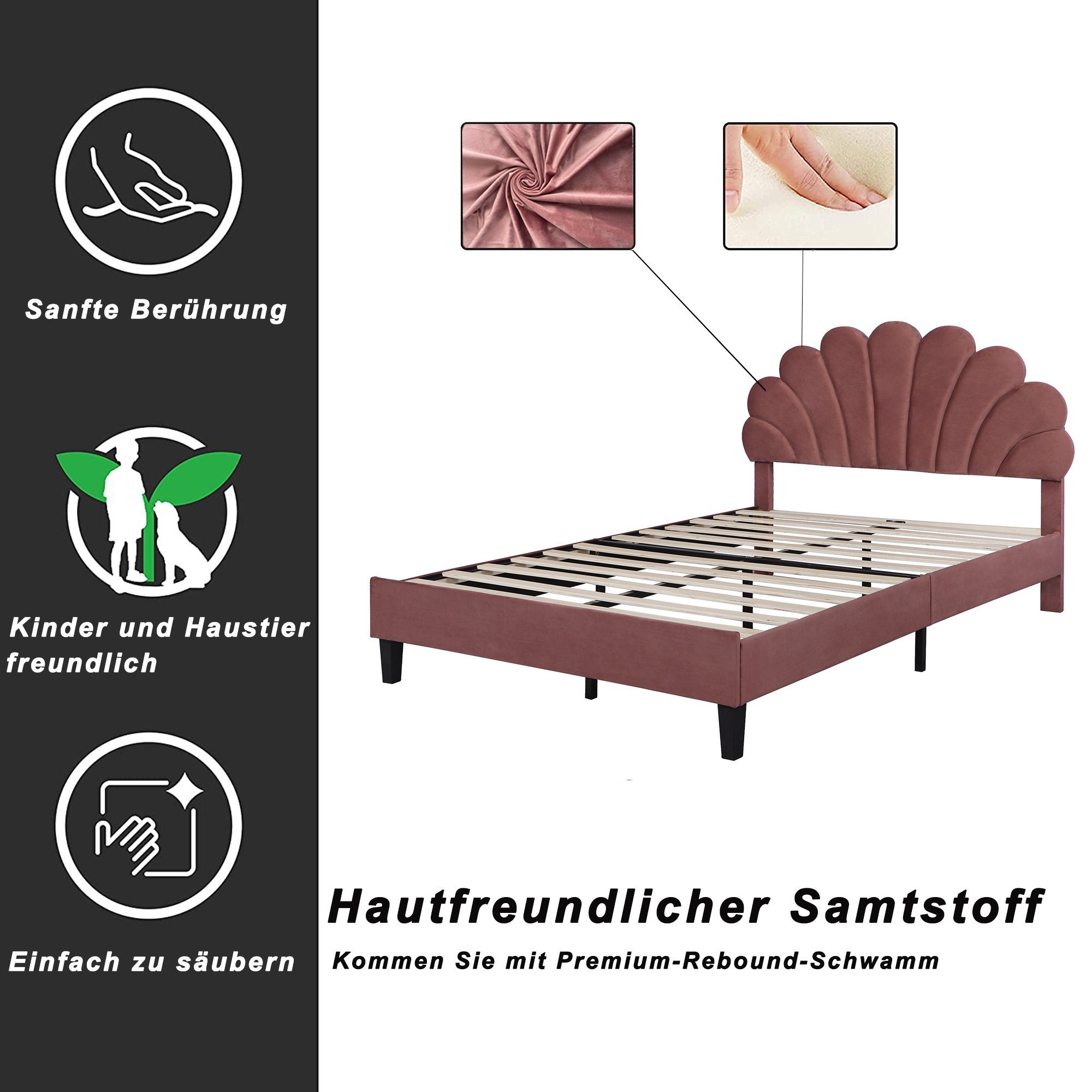 Polsterbett (Doppelbett), Kinderbett mit Blumenform-Kopfteil, Samt, 140x200cm