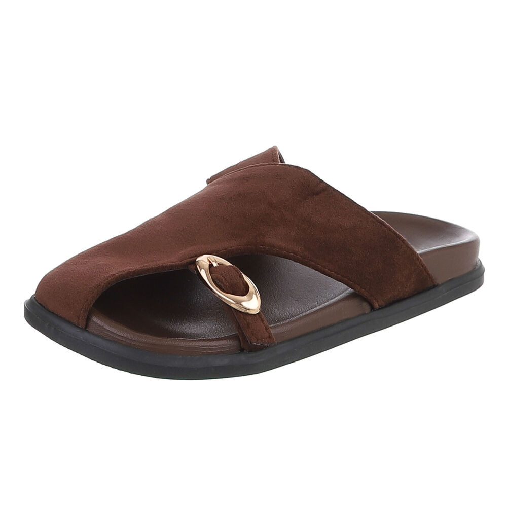 Ital-Design Damen Pantoletten mit Metallschließe & Komfortsohle Pantolette (91849006) Flach Pantoletten in Braun