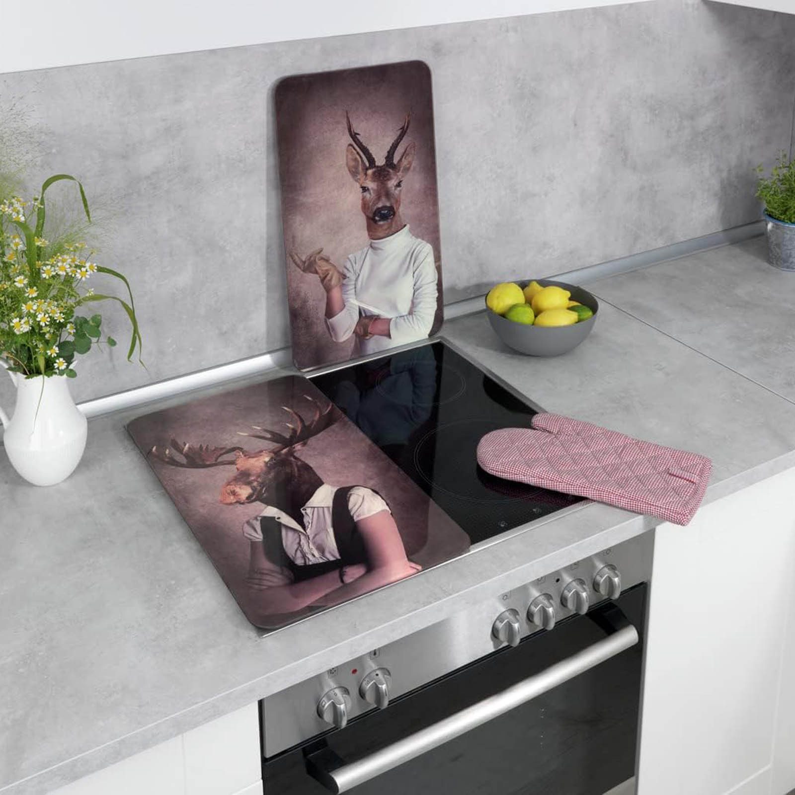 WENKO Herd-Abdeckplatte 2er Set Glasabdeckplatten Kochplattenabdeckung Herdabdeckplatten, Glas, 30 x 52 cm Humanisation Tier Motiv für Glaskeramik-Kochfelder