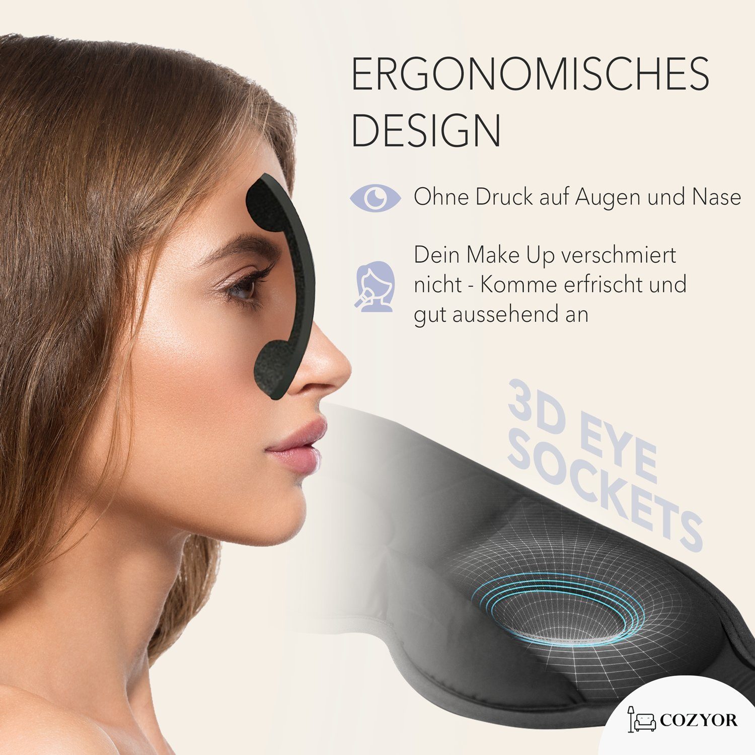 Cozyor Schlafmaske 100% Blackout-Effekt 3D Augenmaske mit ergonomischem Design, Reiseset klein & kompakt, schwarz Eclipse, Schlafmaske mit wiederverwendbaren Ohrstöpseln, extra Polsterung und variable Passform