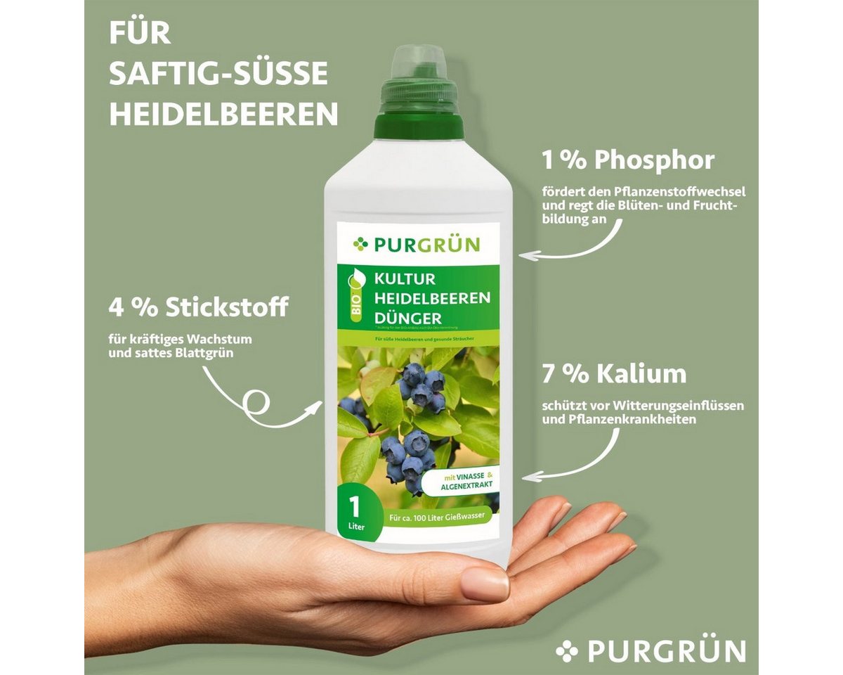 Thumbnail - Purgrün Obstdünger Purgrün Bio Heidelbeer Dünger, NPK 4+1+7, Algenextrakt, 1 Liter, Flüssigdünger, extra Kalium für kräf...