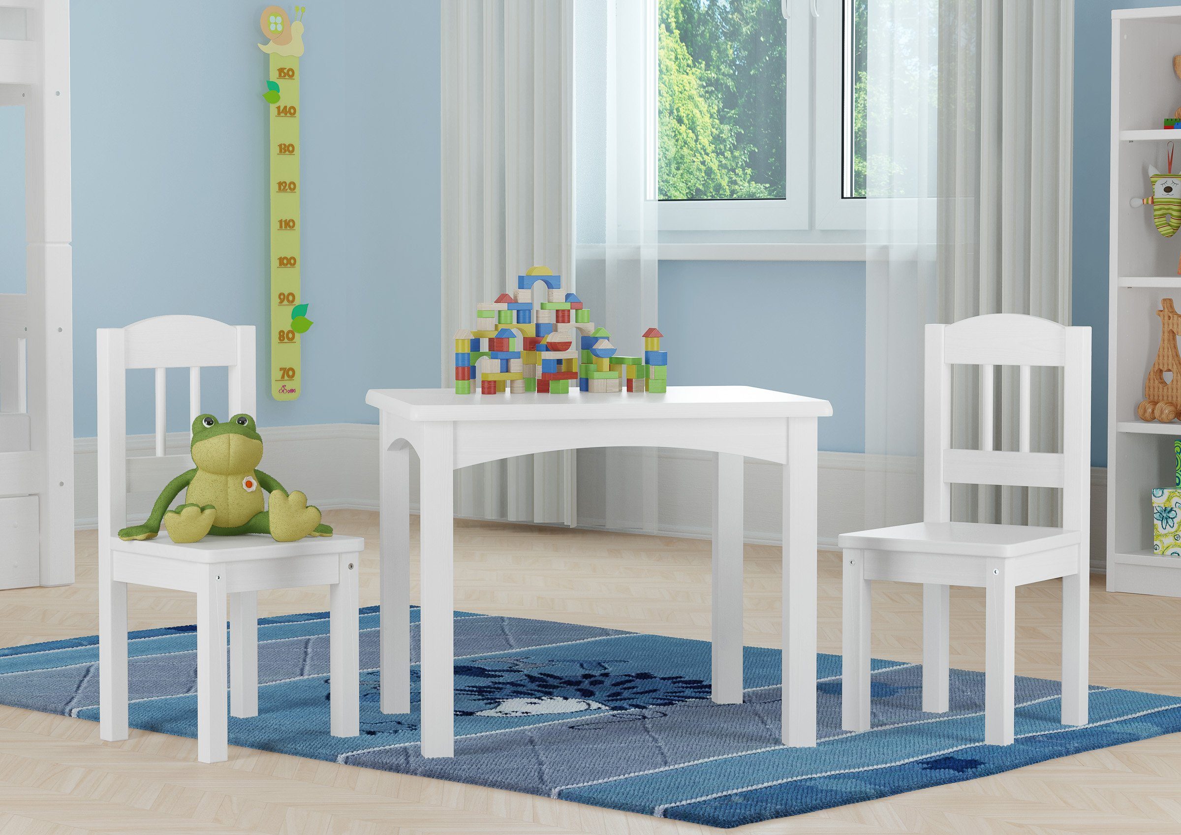 ERST-HOLZ Essgruppe Kindersitzgruppe in Weiß oder Holzfarbe Massiv mit Tisch und 2 Stühlen