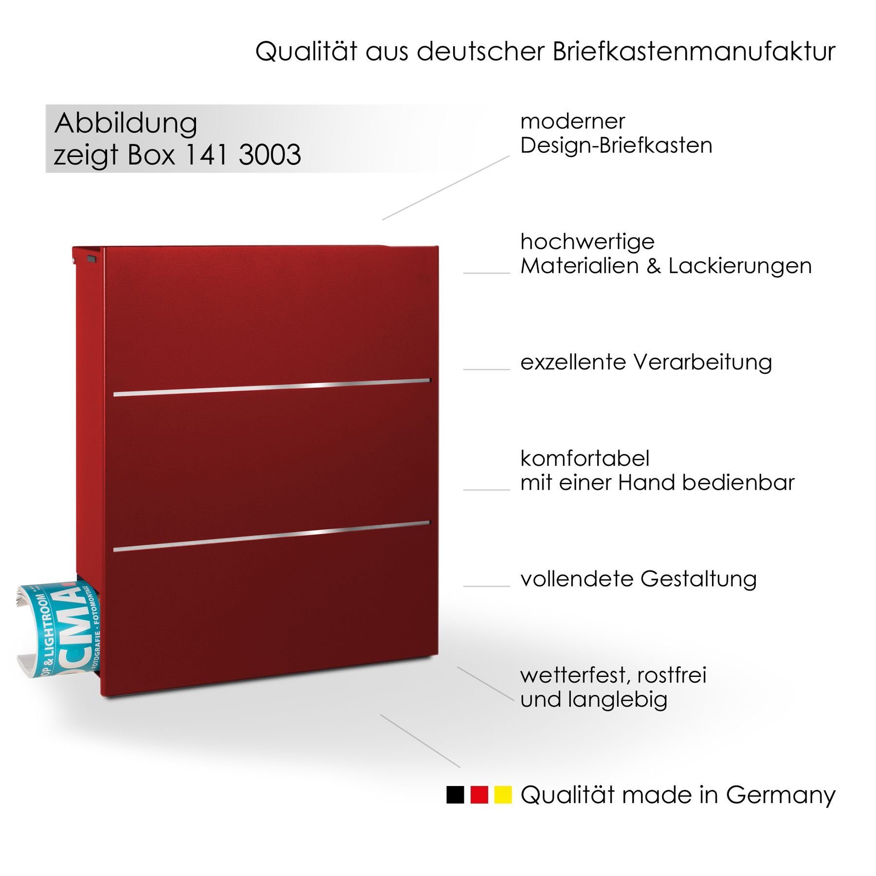 MOCAVI Briefkasten »MOCAVI Box 141 Design-Briefkasten mit Zeitungsfach  rubin-rot (RAL 3003) mit Edelstahl-Detail«, integriert, passender  Verschluss (zusätzlich bestellbar) für Wetterseite, beidseitig nutzbar: Box  Vers 1 VA