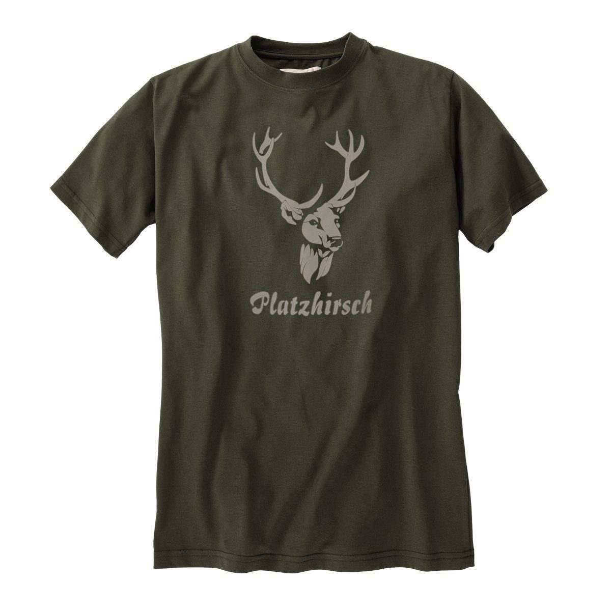 Hubertus Rundhalsshirt Übergrößen T-Shirt dunkeloliv Druck Platzhirsch mit Hubertus von