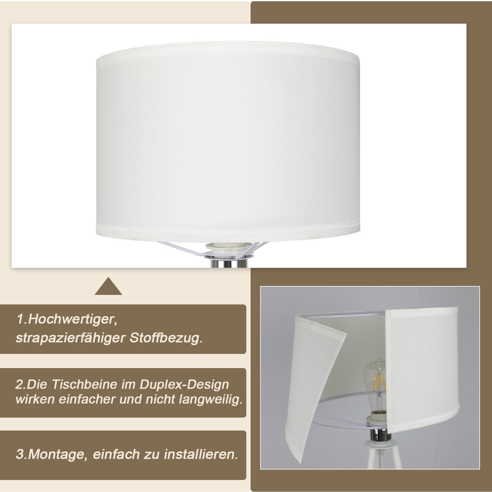 ZMH LED Stehlampe Wohnzimmer 130.5cm - Holz Modern Leuchtmittel, ohne Weiß, Landhausstil Einfache Dreibein, Montage, Mit E27 Standleuchte