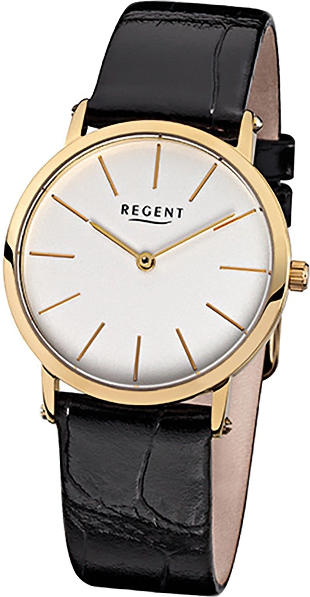 Regent Quarzuhr Regent Leder Damen Uhr F-830 Quarzuhr, Damenuhr Lederarmband schwarz, rundes Gehäuse, mittel (ca. 33mm)