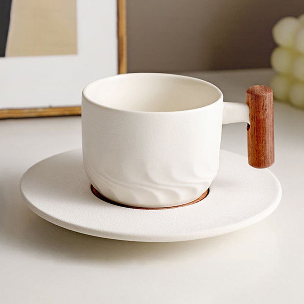 Dekorative Kaffeeservice Keramik Kaffeebecher Set, Cappuccino Tassen mit Unterteller, Holzgriff (1-tlg) Weiß