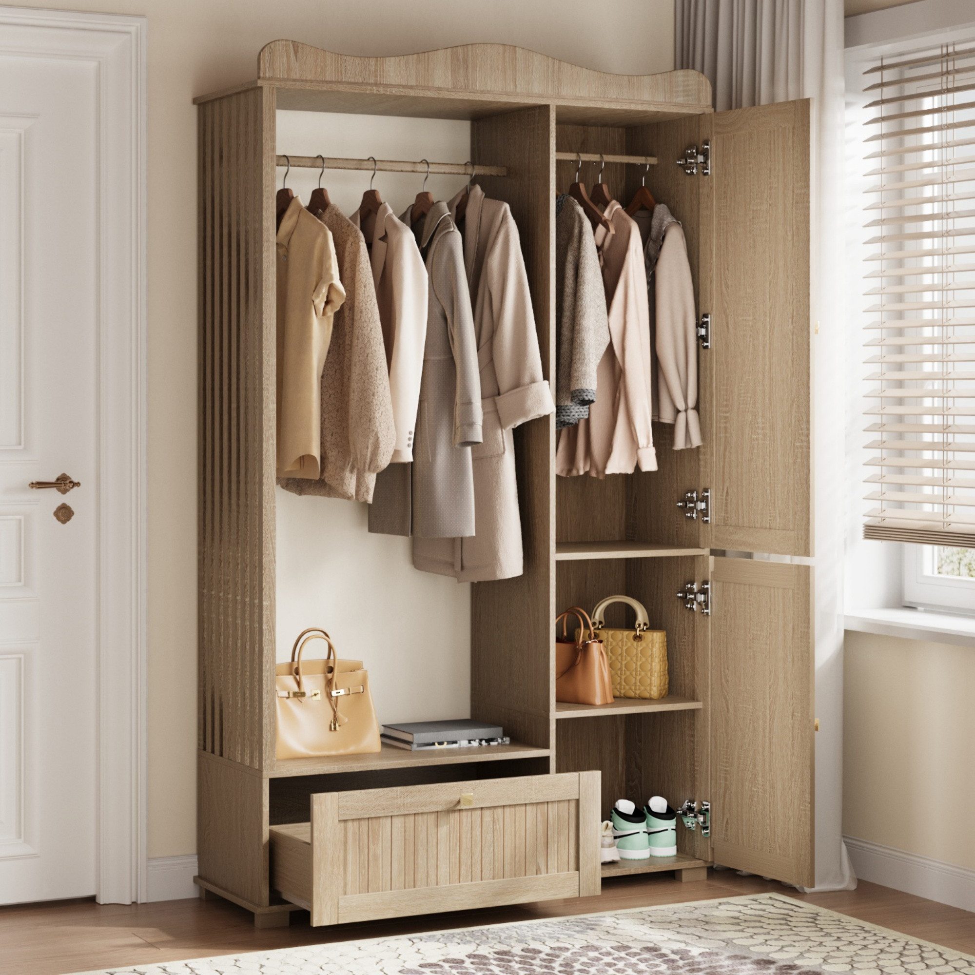 Merax Garderobenschrank mit Spiegel und Offener Kleiderständer, 115,5×38,5×194,5cm (1-St) Kompaktgarderobe mit Schublade & 2 Türen für Schlafzimmer und Flur