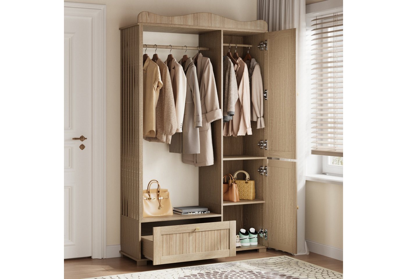 Merax Garderobenschrank mit Spiegel und Offener Kleiderständer, 115,5×38,5×194,5cm (1-St) Kompaktgarderobe mit Schublade & 2 Türen für Schlafzimmer und Flur