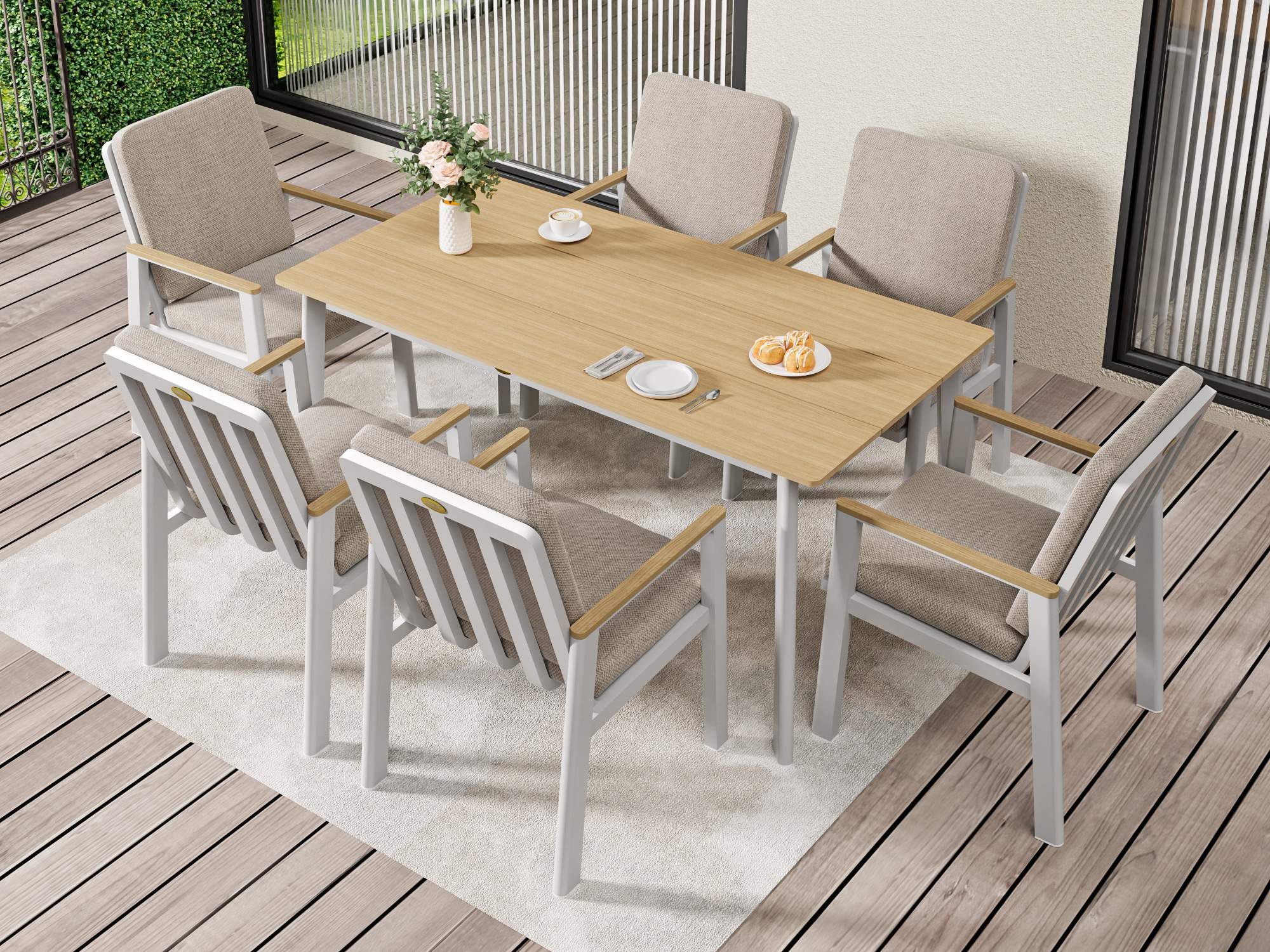 MeXo Gartenlounge-Set Garten Essgruppe für 6 Personen, (Gartenmöbel-Set aus Aluminium, 7-tlg., mit ergonomischen Sesseln inkl. Kissen), Belastbarkeit pro Sitzplatz 140 kg