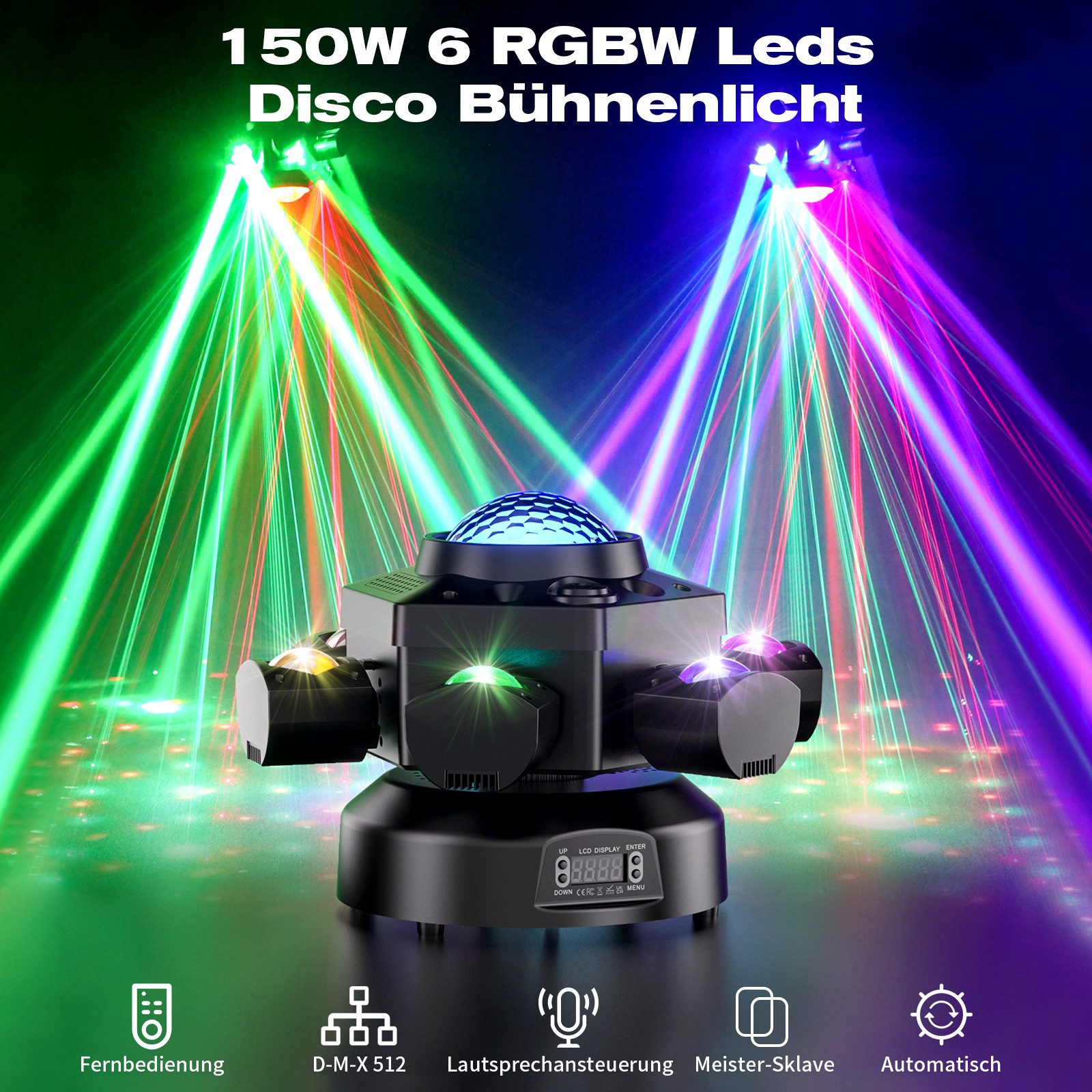 ZonQoonz Discolicht 150W 6-Arm Bühnenstrahllicht mit Sterneneffekt für DJ-Party-Hochzeit