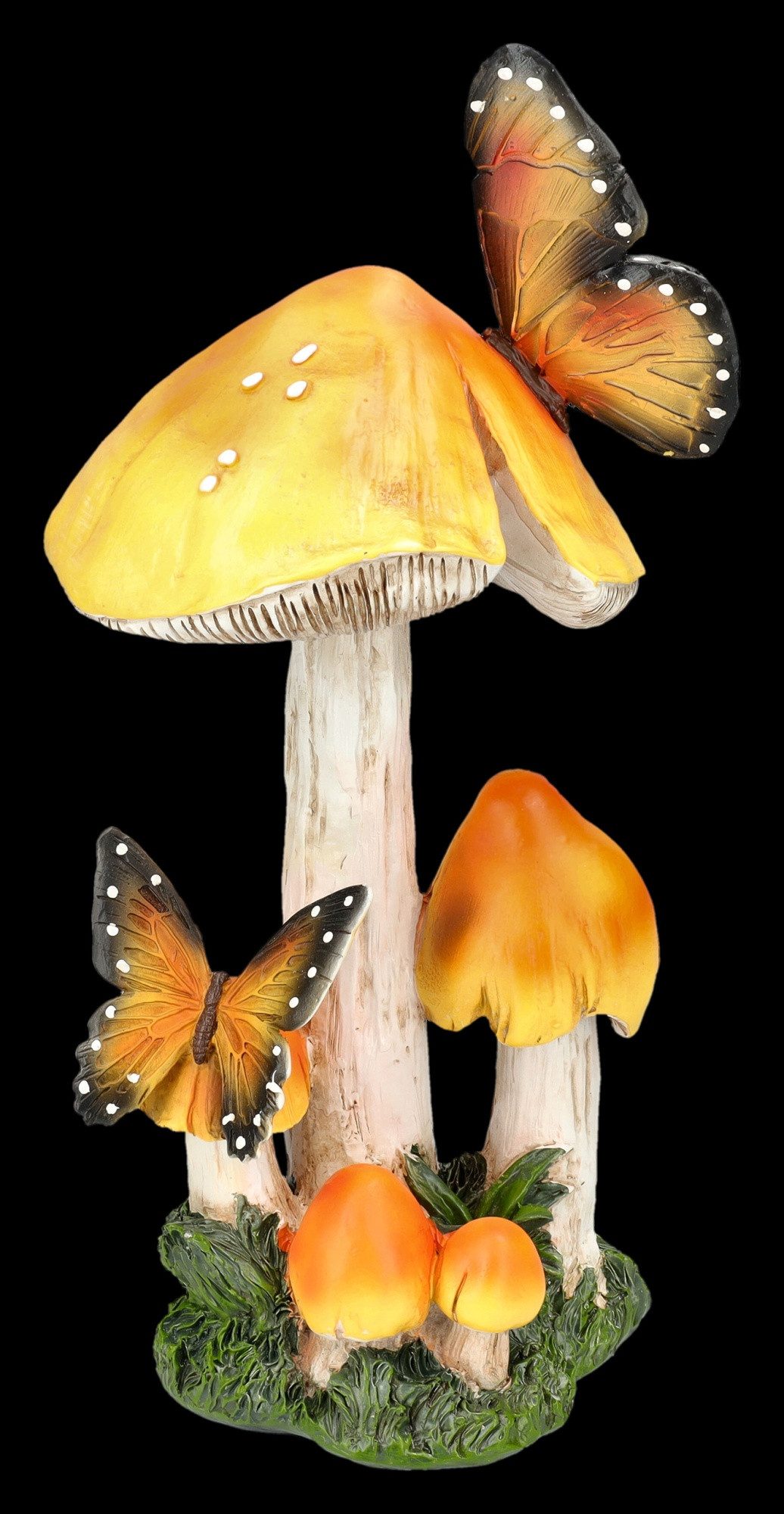 Figuren Shop GmbH Gartenfigur Gartenfigur Pilze mit Schmetterling – Dekofigur Statue wetterfest
