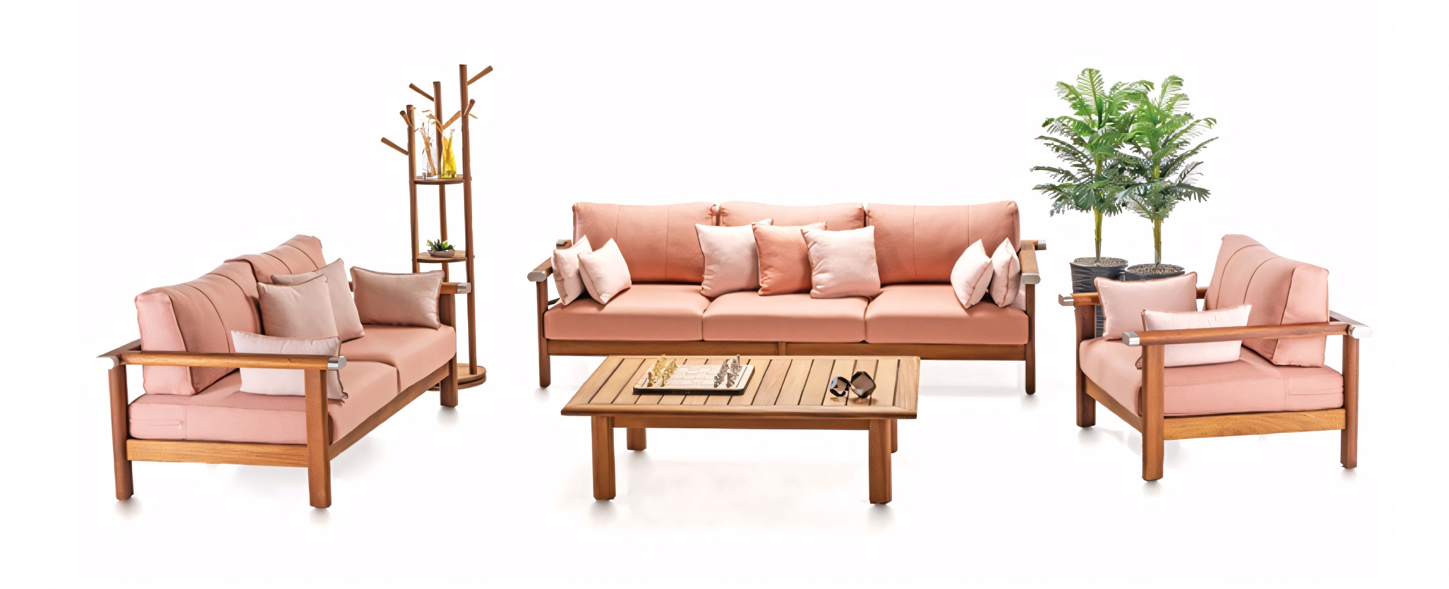 Xlmoebel Gartenlounge-Set XLMOEBEL Gartenmöbel-Set in Braun mit rosafarbenen Polstern, (1-tlg), Made in Europa