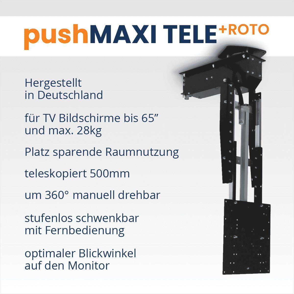 cleverUP pushMAXI-TELE+ROTO - TV Deckenhalterung 360) Zoll teleskopierbar drehbar 65,00 (bis klappbar schwarz 500mm, 65 TV-Deckenhalterung, Zoll, bis 90°