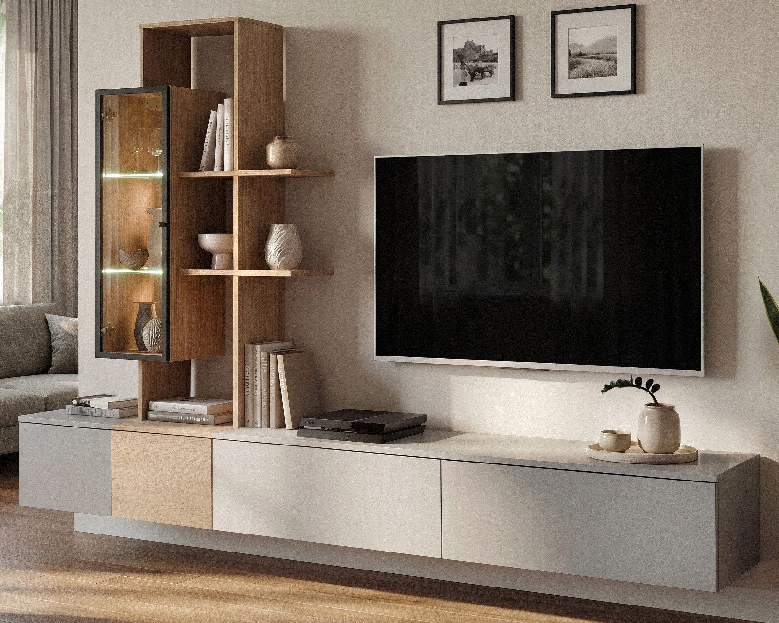 Inn.Furn Wohnwand Leonie, (Schrank hängend in hellem Grau mit Cremona Eiche, Breite 240 cm), Push-To-Open und Soft-Close, inkl. LED Beleuchtung