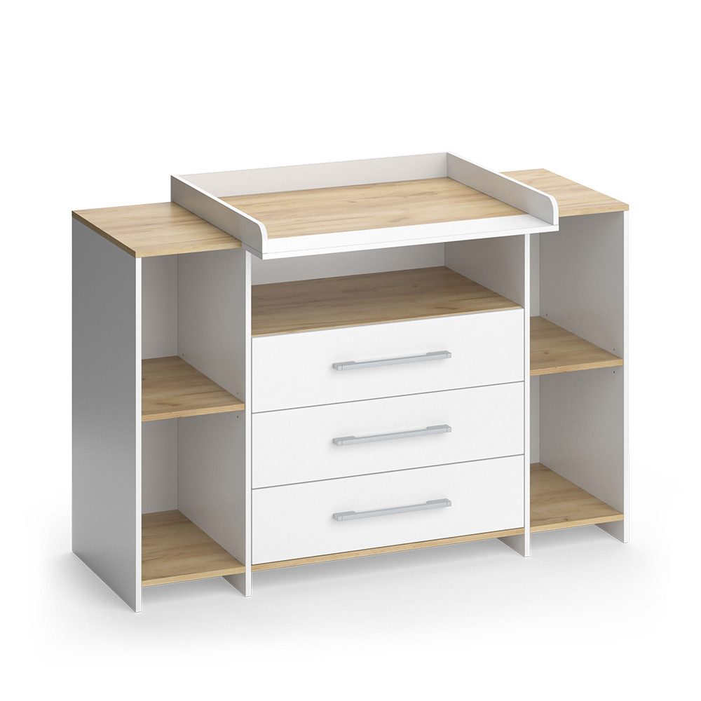 Vicco Wickelkommode Oskar, Weiß/Goldkraft Eiche, 143.2 x 93 cm mit 3 Schubladen
