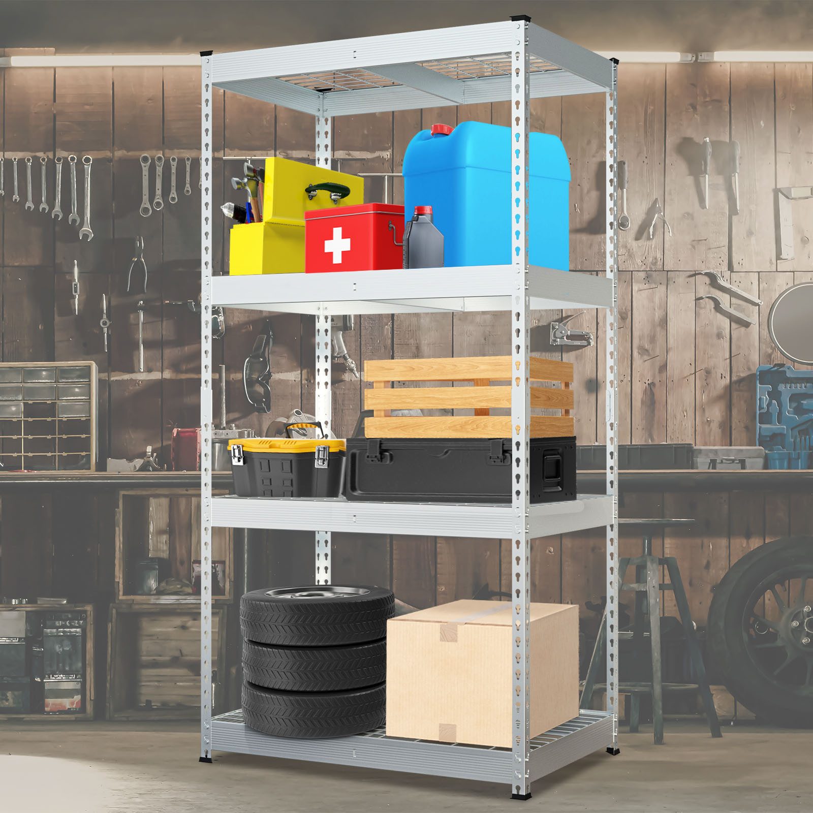 Floordirekt Schwerlastregal Yukon Rivet aus Stahl, belastbar bis zu 1400 kg, Werkzeuglose Montage, Verschiedene Größen & Farben 1-tlg., Witterungsbeständig, In- & Outdoor, höhenverstellbare Gitterböden