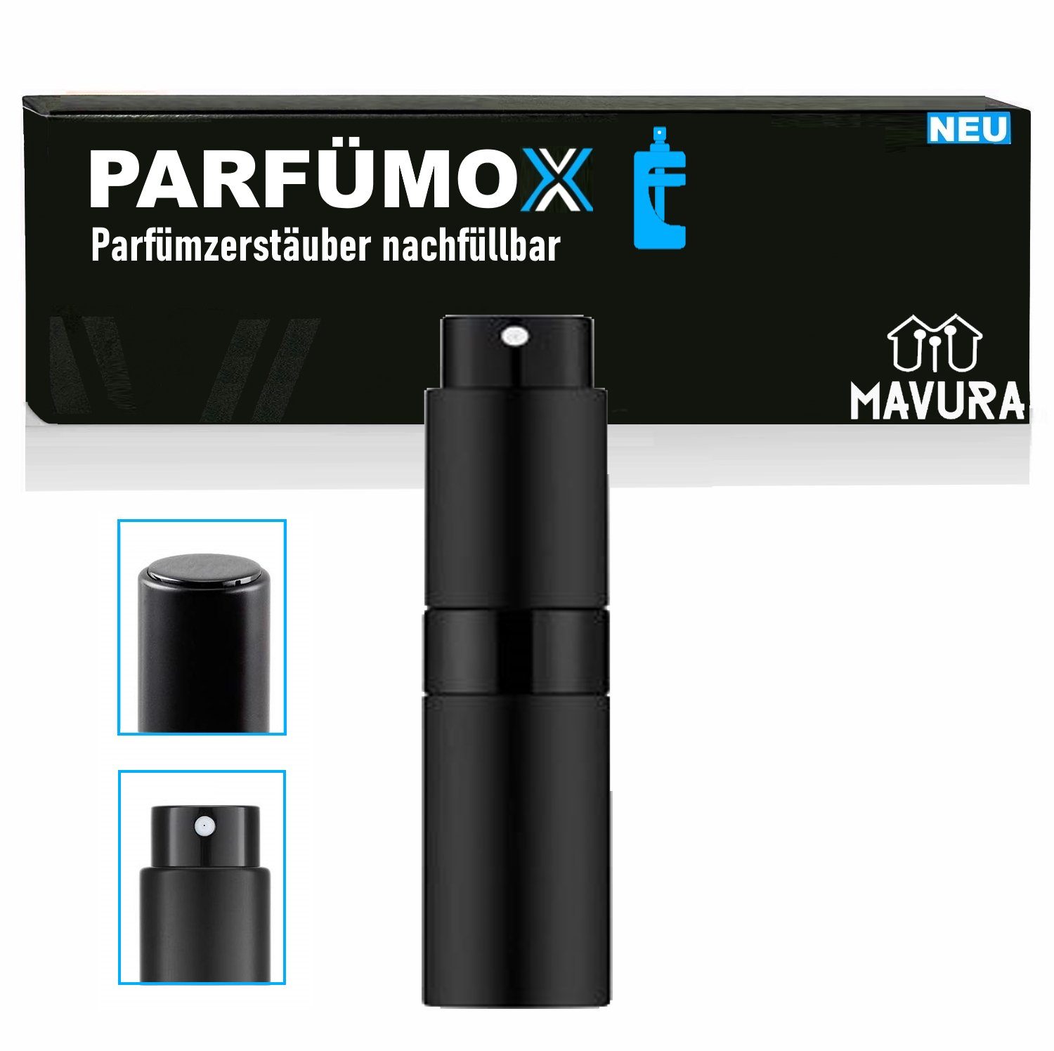 MAVURA Parfümzerstäuber PARFÜMOX Parfüm Zerstäuber Nachfüllbar Reise Tragbar Mini Parfum (Hochglanz Schwarz - 8ml), Flakon Leere Sprühflasche - für Damen und Herren