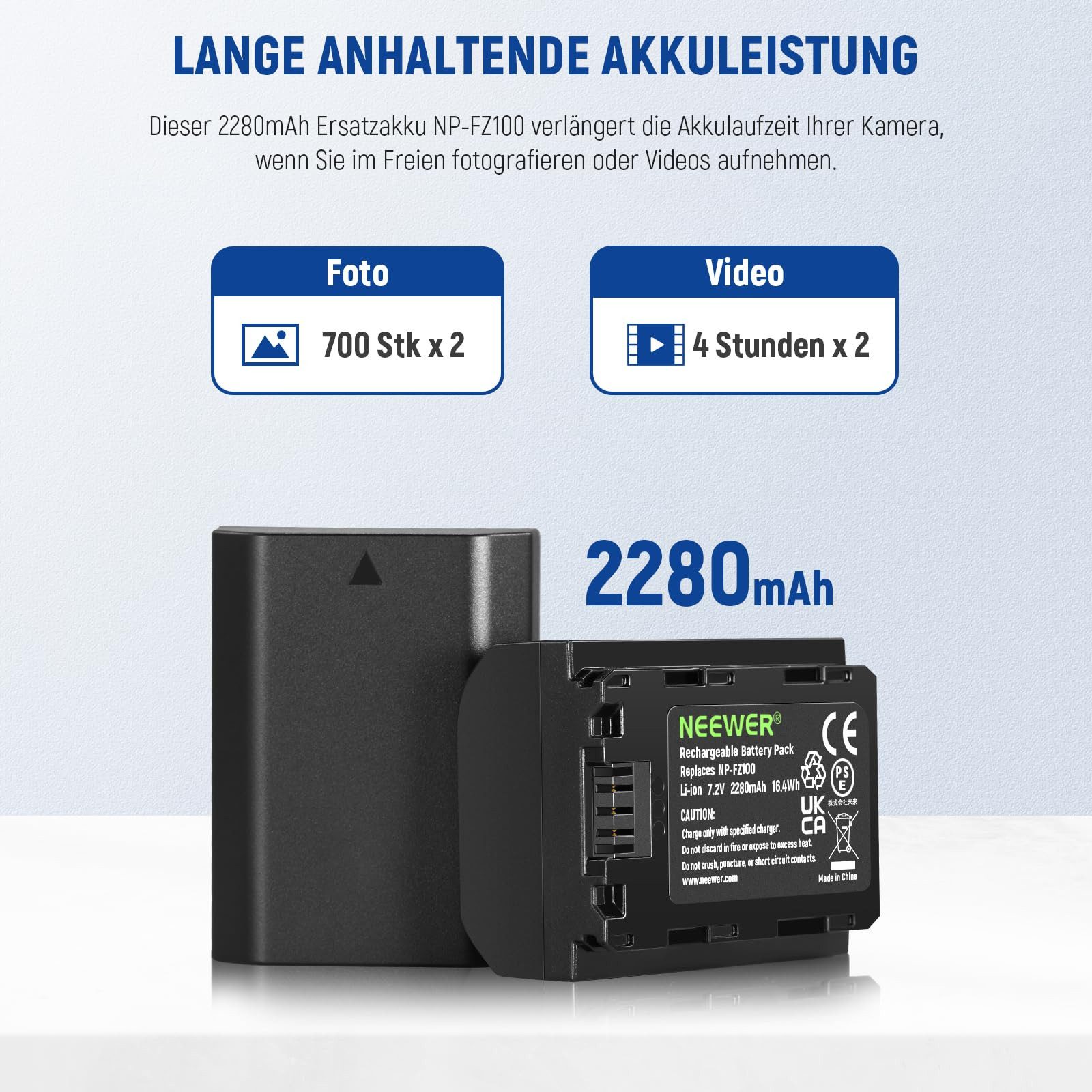 Neewer NP-FZ100 Akku-Set 2280mAh, 2 Akkus + Ladegerät, für Sony Kameras Kamera-Akku D 2280 mAh, Vollständiger Ladeschutz