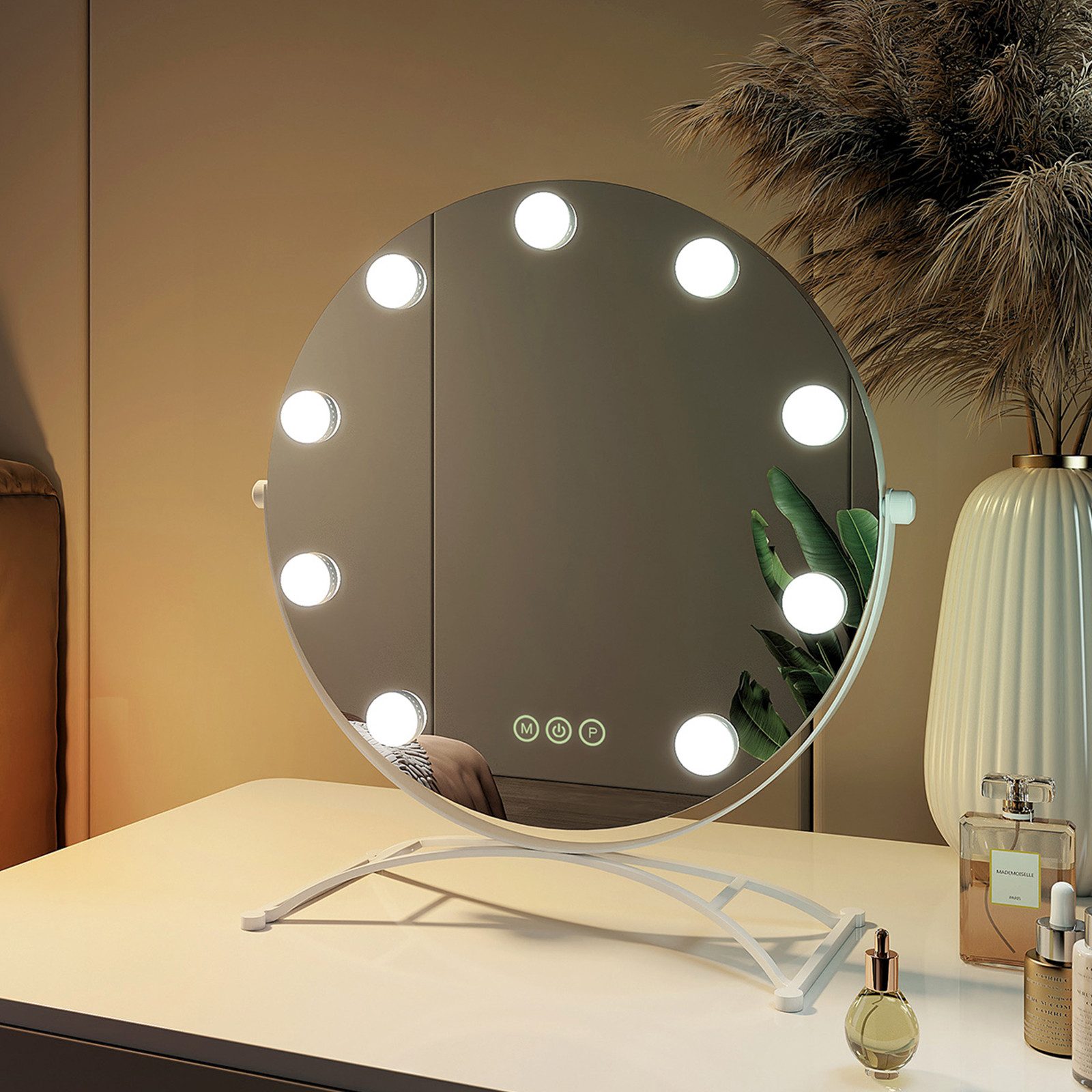 EMKE Kosmetikspiegel 1 Plus 1 Hollywood Spiegel mit Beleuchtung 7 x Vergrößerungsspiegel (Sternenlicht Serie), 3 Lichtfarben, dimmbar, Touch, Memory, 9 LED-Lampen, 360° neigbar