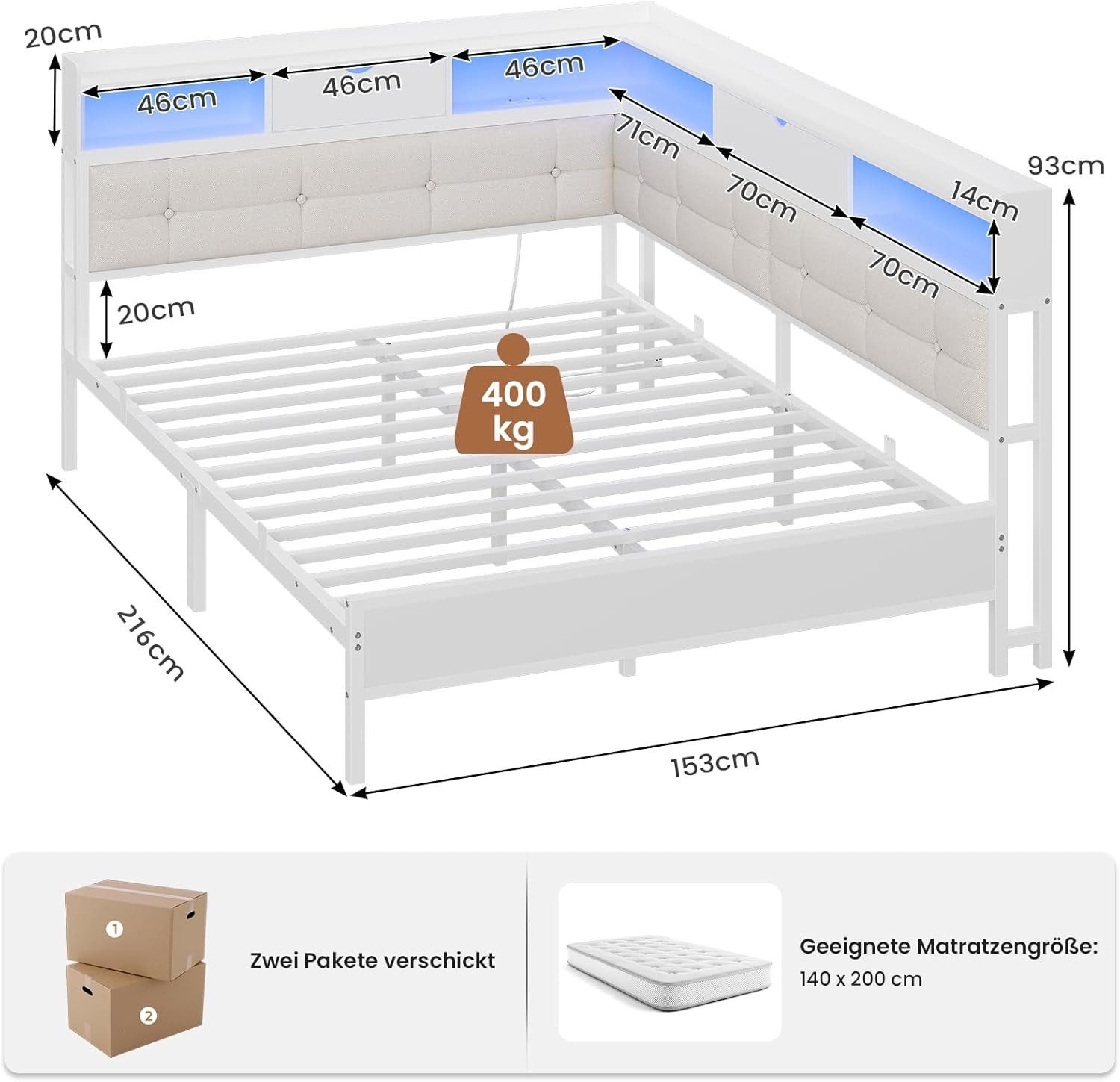 MSMASK Daybett Polsterbett Jugendbett mit LED-Beleuchtung und USB-Ladestation, Bettgestell mit Lattenrost aus Metall, 140 x 200 cm – Bild 2 von 5
