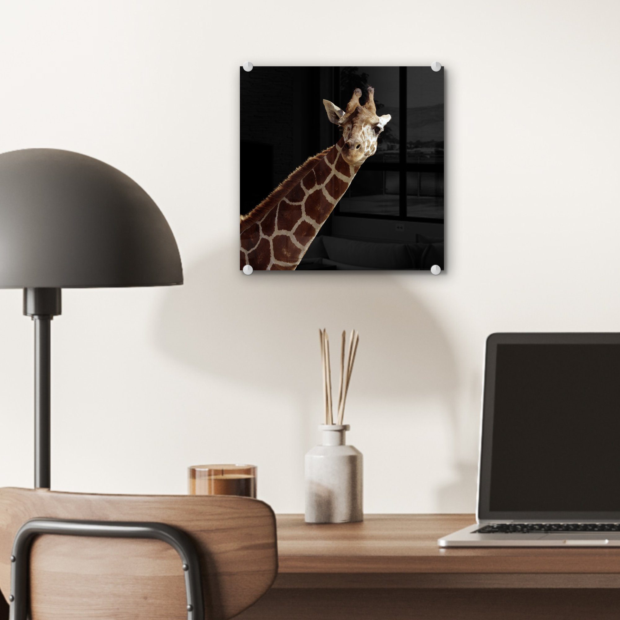 Bilder Hintergrund, (1 auf Acrylglasbild schwarzen - Giraffe für - Wandbild - Wanddekoration Foto MuchoWow Glas auf Porträt Glasbilder Glas St),