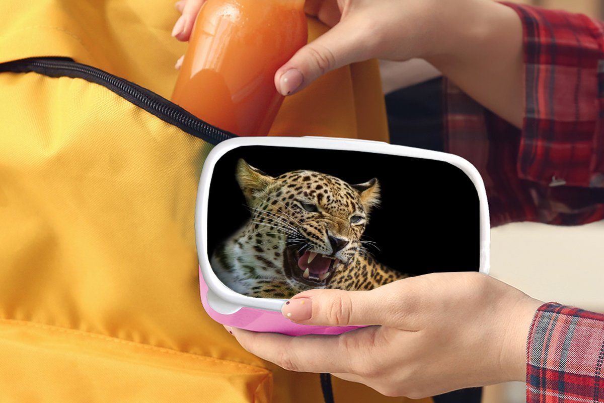 MuchoWow Lunchbox Leopard - (2-tlg), Kunststoff, für Kinder, Erwachsene, rosa Brotdose Schwarz, Kunststoff Snackbox, Brotbox Tiere Mädchen, 