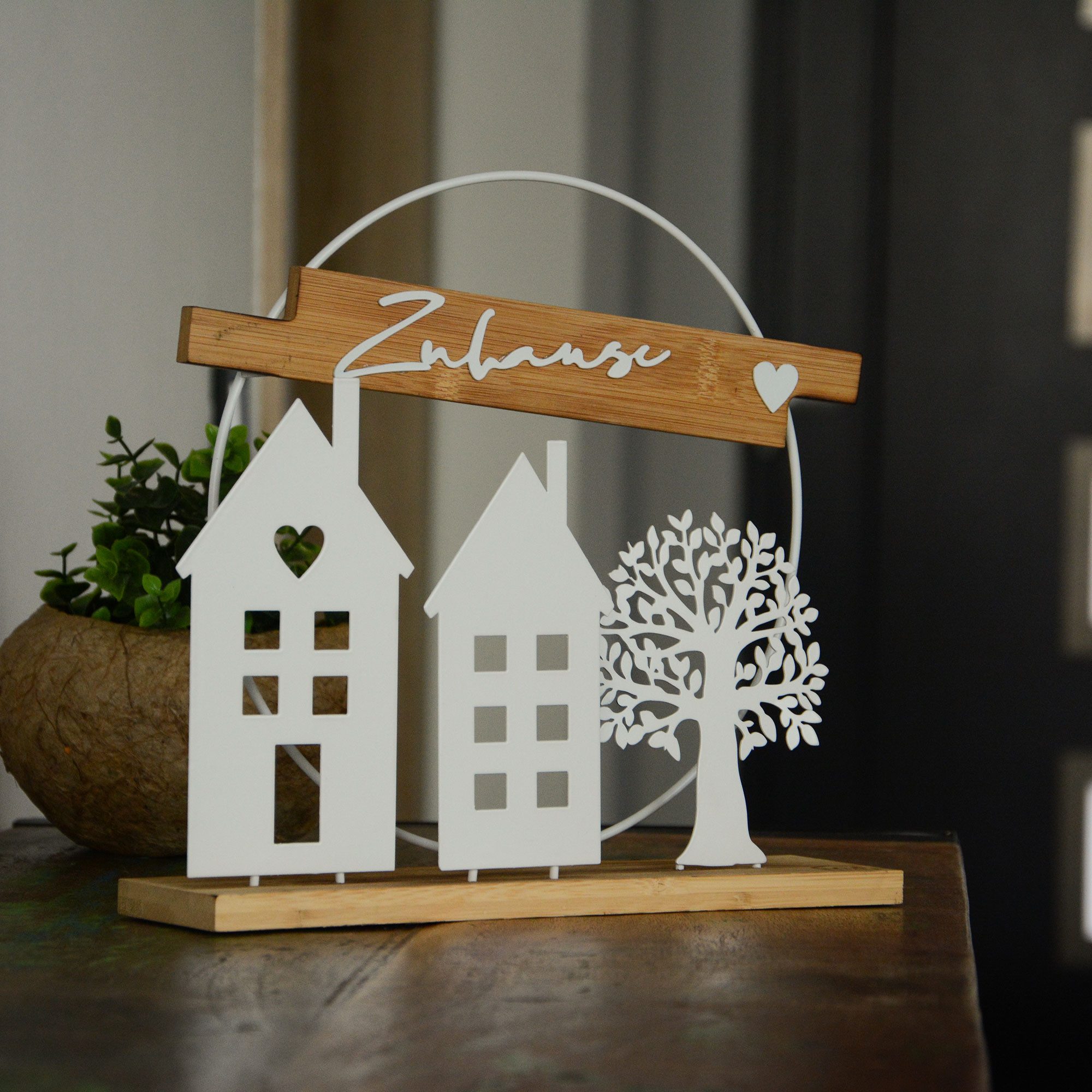 UNUS HOME Dekofigur (weiß), Aufsteller Zuhause aus Metall und Bambus-Holz W günstig online kaufen