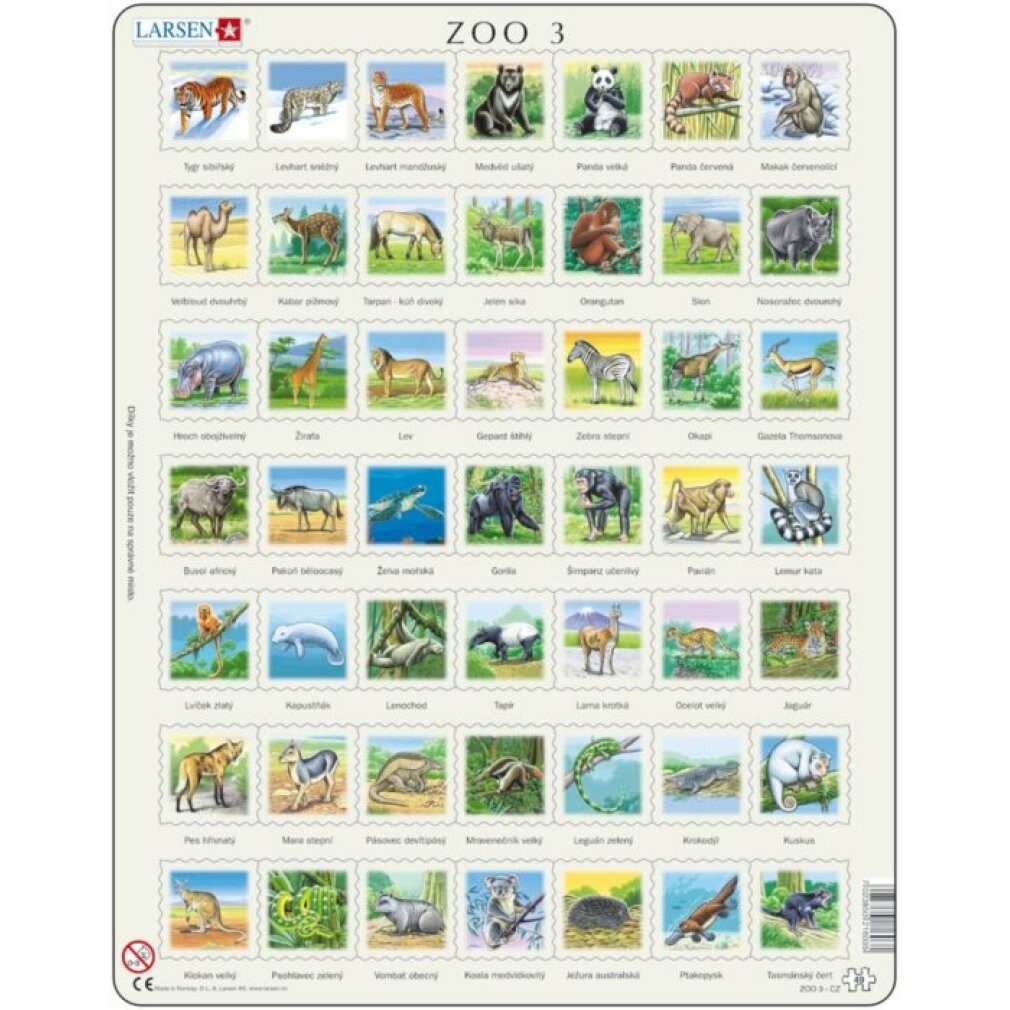 Larsen Puzzle Puzzle Tiere der Welt (ZOO 3) 49 Teile, Puzzleteile