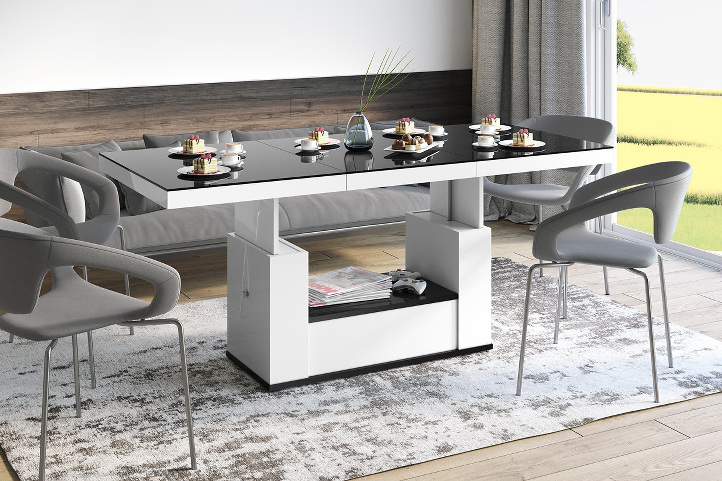 designimpex Couchtisch Design Couchtisch Tisch HM-111 Schwarz / Weiß  Hochglanz Schublade höhenverstellbar ausziehbar Esstisch