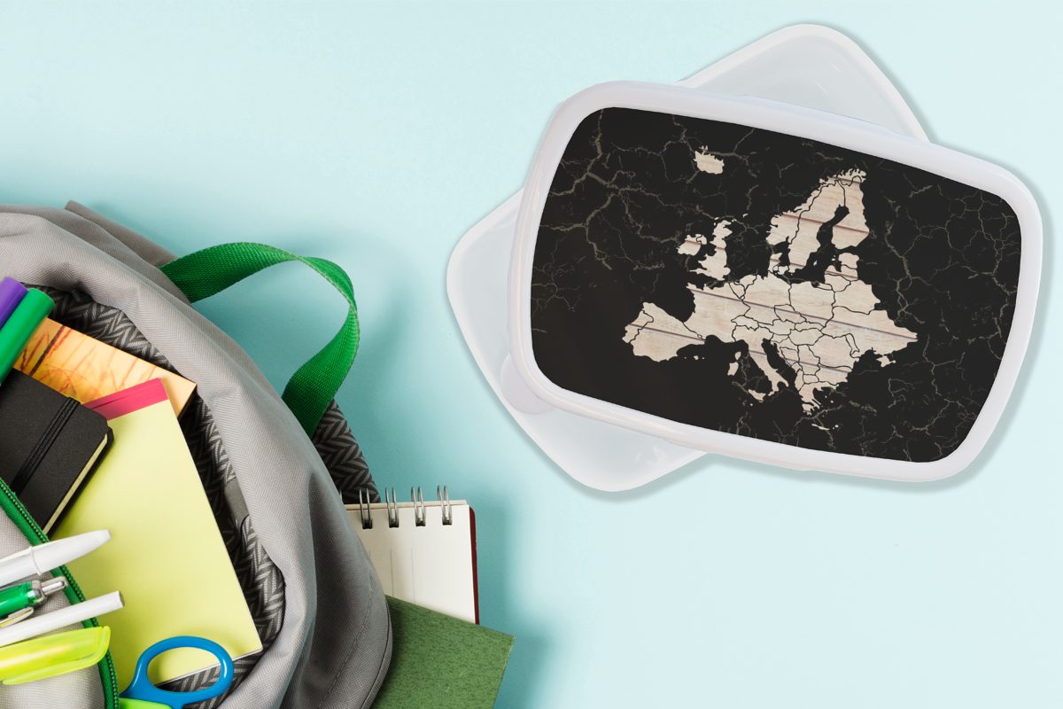 MuchoWow Lunchbox Karte von für Erwachsene, für Holz, (2-tlg), Brotbox weiß Mädchen und Kinder - Schwarz Jungs und Europa Kunststoff, - Brotdose