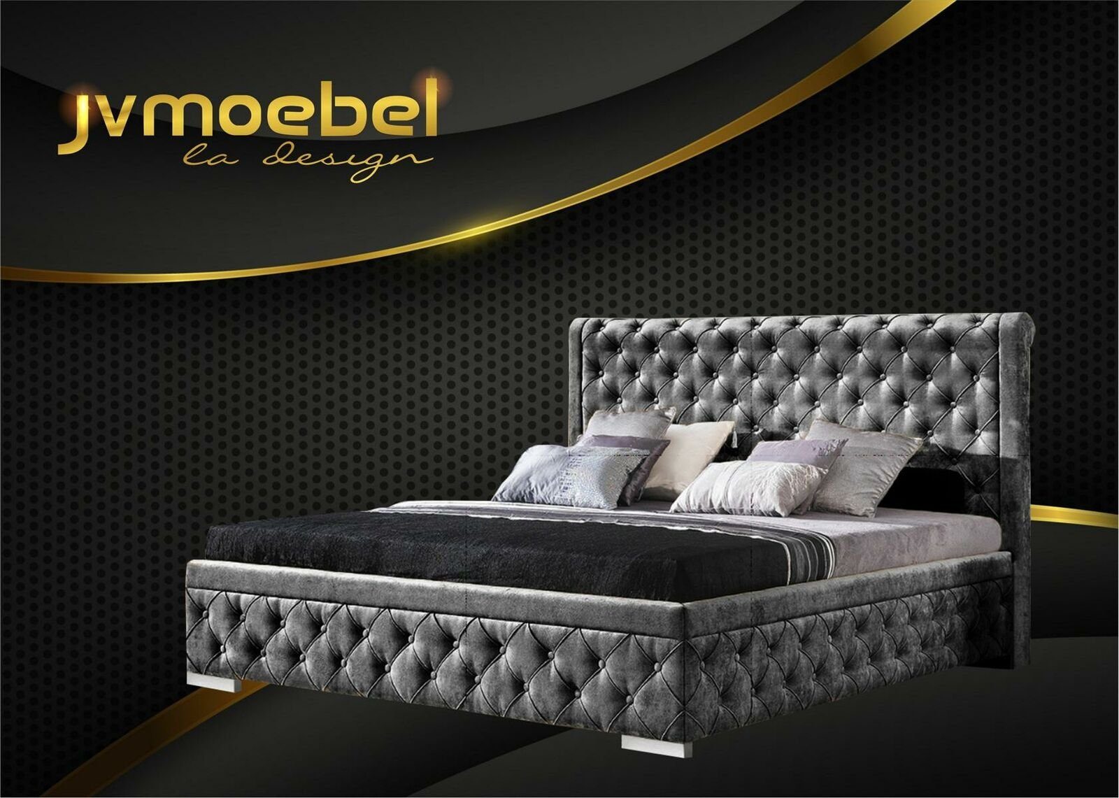 JVmoebel Bett, Bettgestell Stoff Möbel Luxus Betten Bett Textil Schlafzimmer Design Schwarz | Bettgestelle