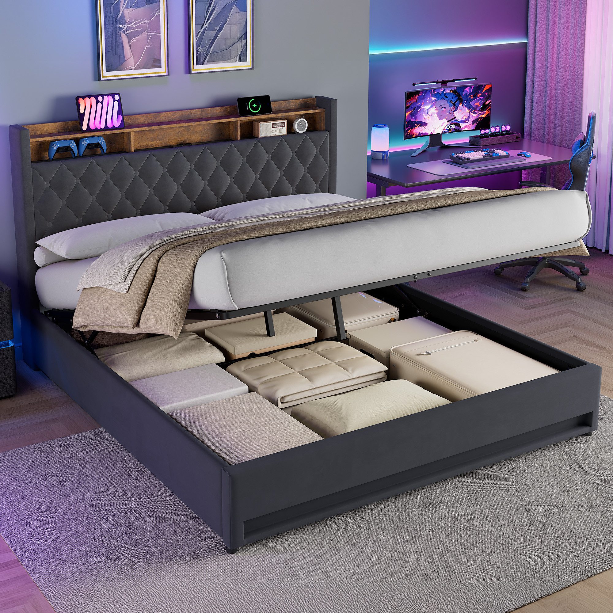 HAUSS SPOLE Polsterbett Jugendbett mit Stauraum,als Einzelbett-oder Doppelbett erhältlich (160x200cm Doppelbett mit Lattenrost, Ohne Matratze), Boxspringbett Schlafzimmerbett für Erwachsene