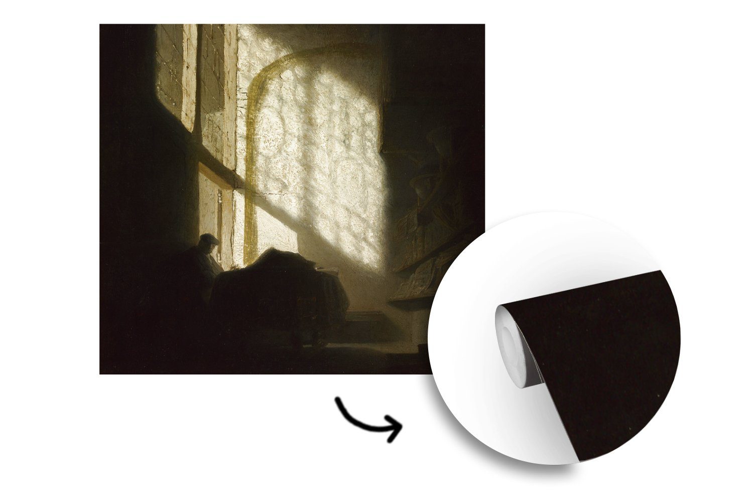 MuchoWow Fototapete Ein bedruckt, (5 liest Schlafzimmer, Mann, Vinyl Tapete Zimmer hohen Wandtapete einem Wohnzimmer St), Gemälde für Matt, der in Rembrandt oder van, - von