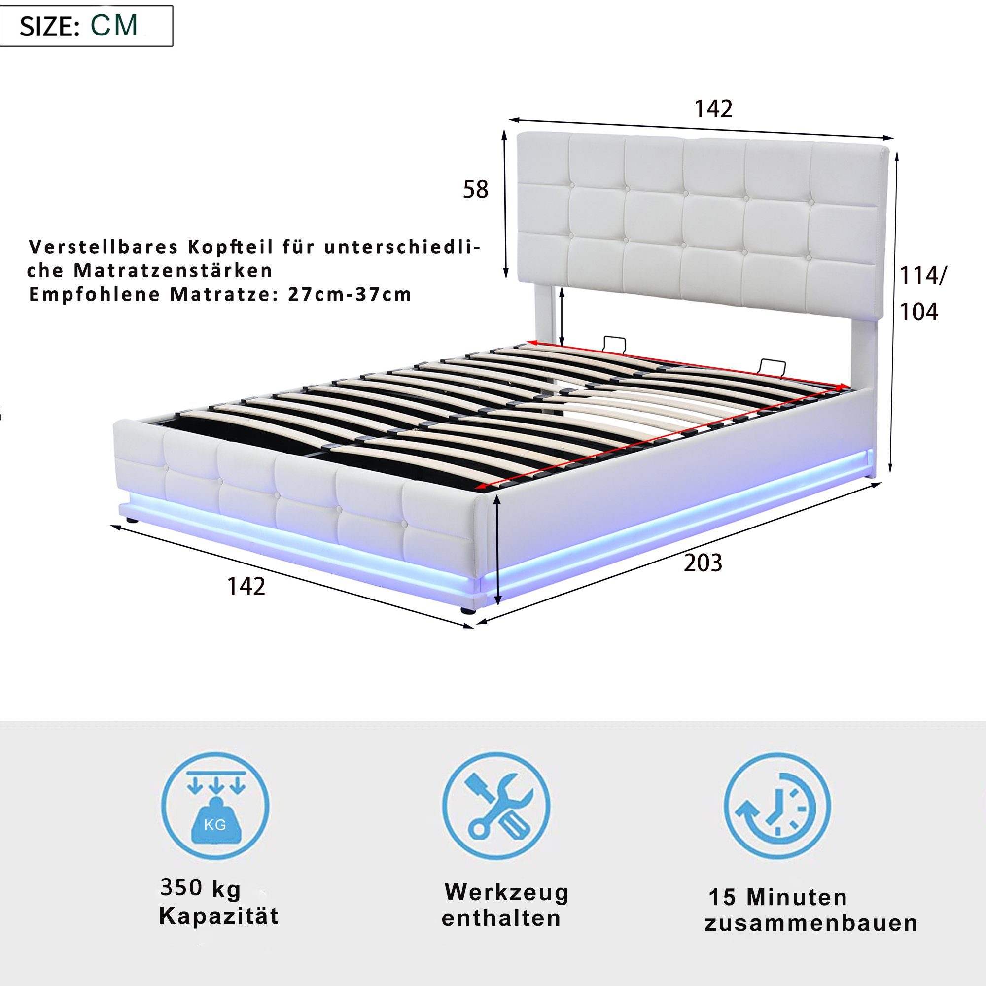 Merax Polsterbett Hydraulisch mit Bettkasten LED-Beleuchtung, Funktionsbett cm Lattenrost, mit Stauraumbett, inkl. Kunstleder Doppelbett Bezug, 140x200