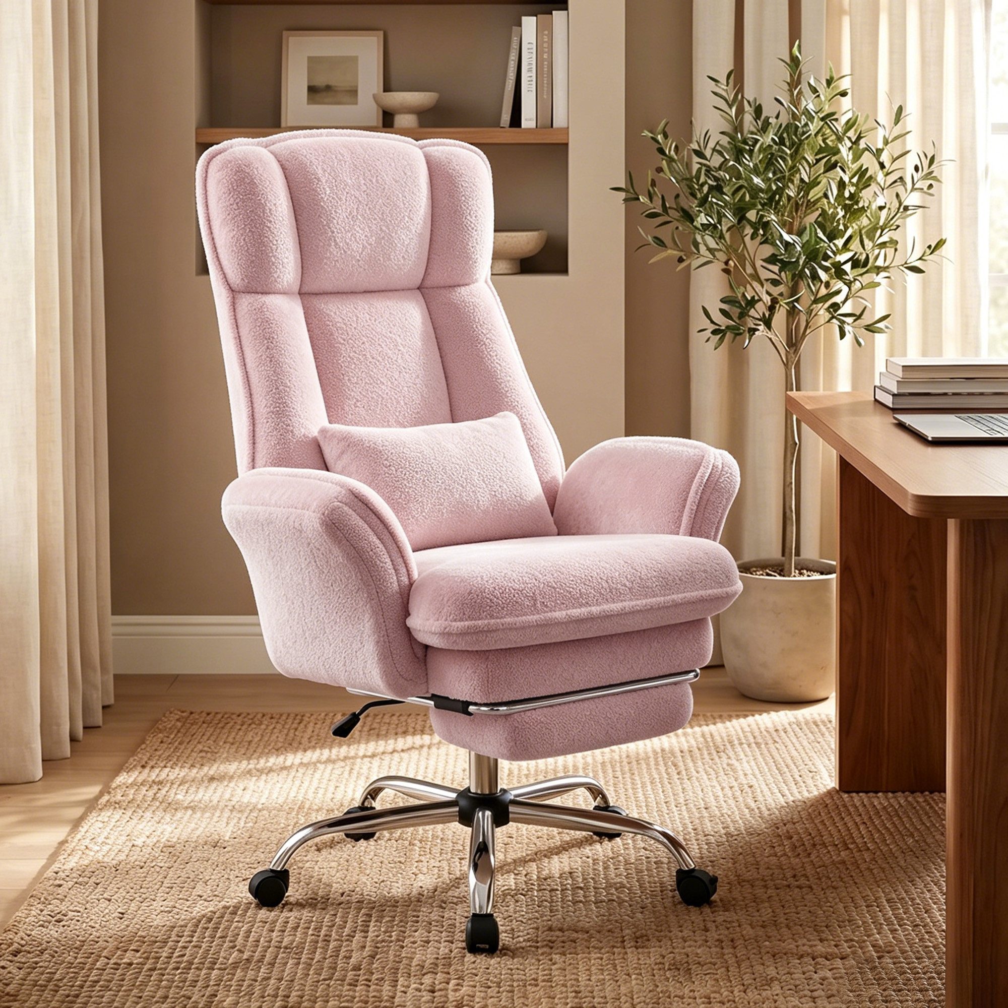 HawthyHome Bürostuhl mit Fußstütze & Klappbaren Armlehnen, 135° Teddy-Fleece, Ergonomischer (1 St), 360° leichtgängige Rollen, mit ausziehbarer Fußstütze für Pausen