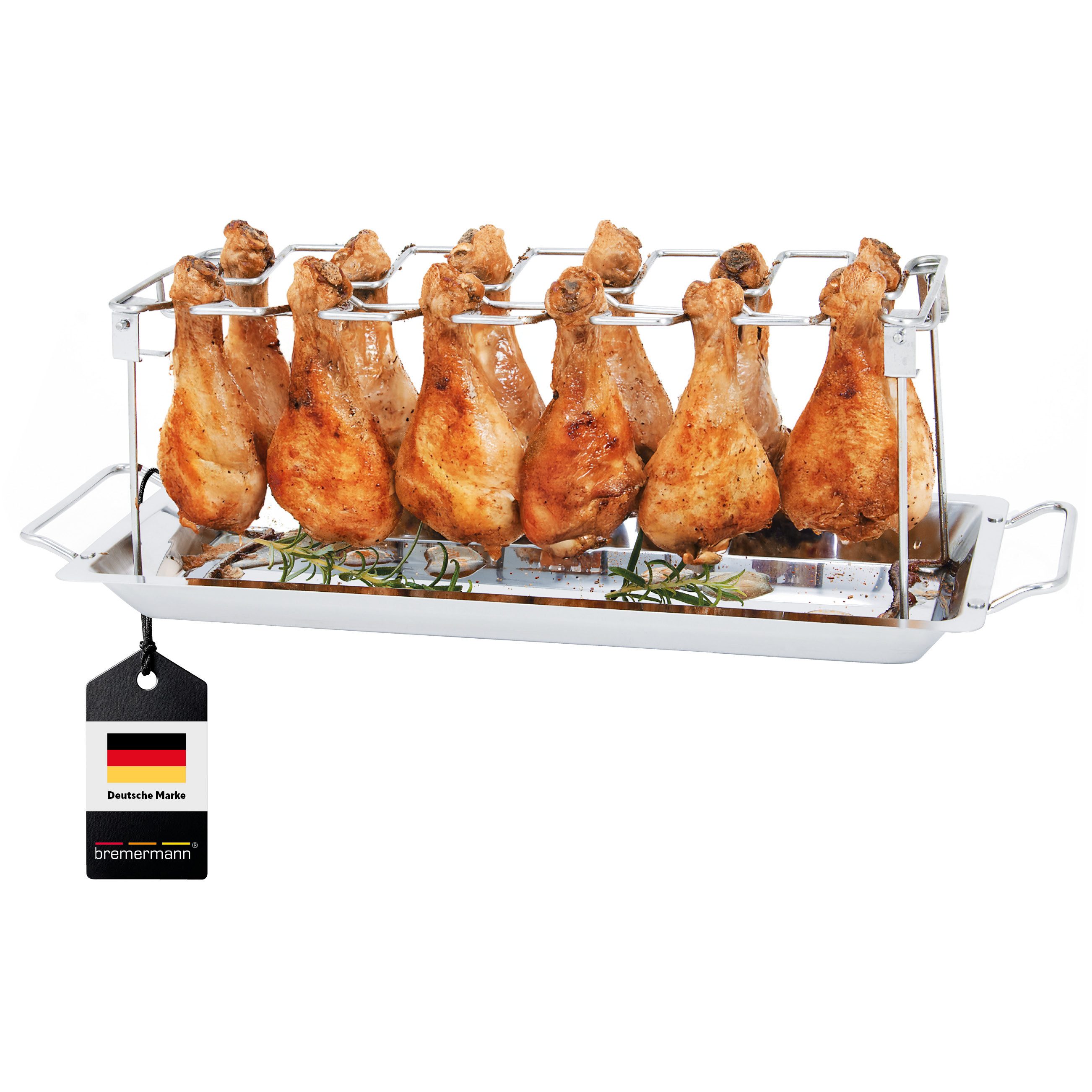 bremermann Grillguthalter Hähnchenschenkel-Halter für 12 Keulen (inkl. Auffangschale), Edelstahl, (1-St., Hähnchenschenkelhalter mit Fettschale), mit Tragegriffen, für 12 Hähnchen-Unterkeulen
